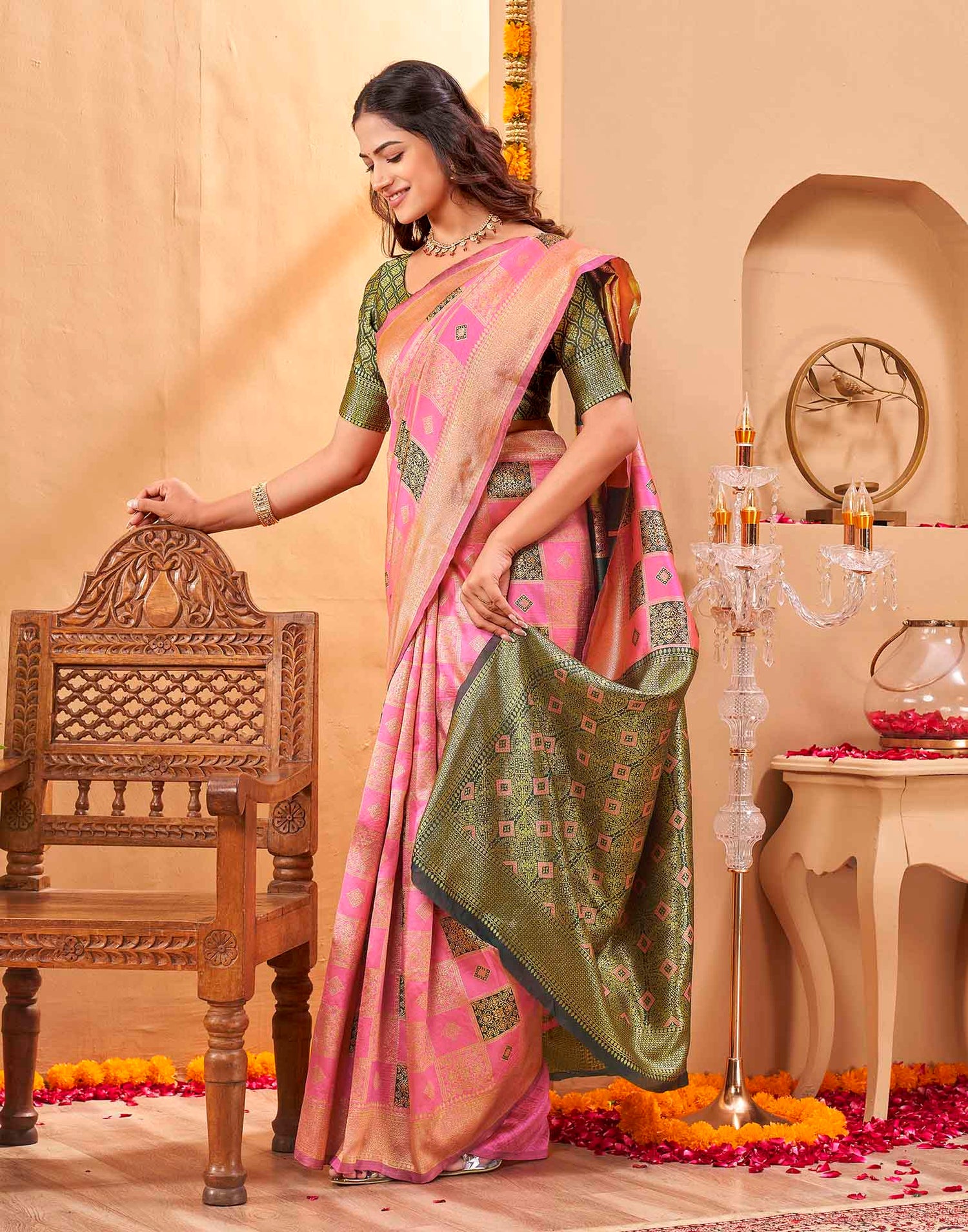 Pink Silk Woven Banarasi Saree