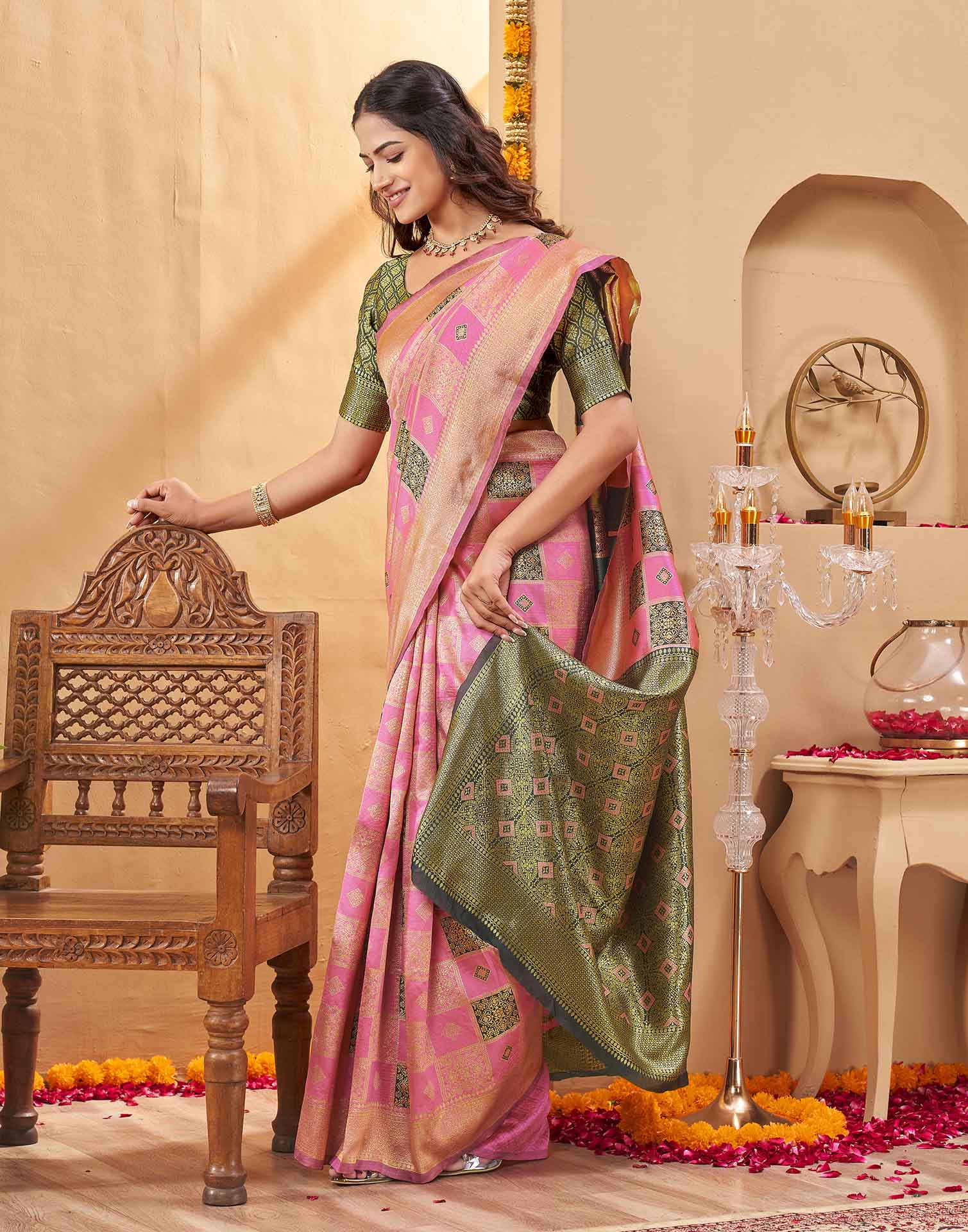 Pink Silk Woven Banarasi Saree