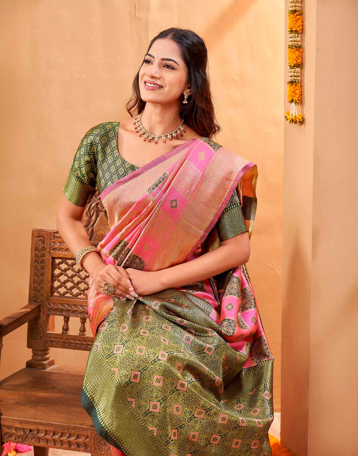 Pink Silk Woven Banarasi Saree