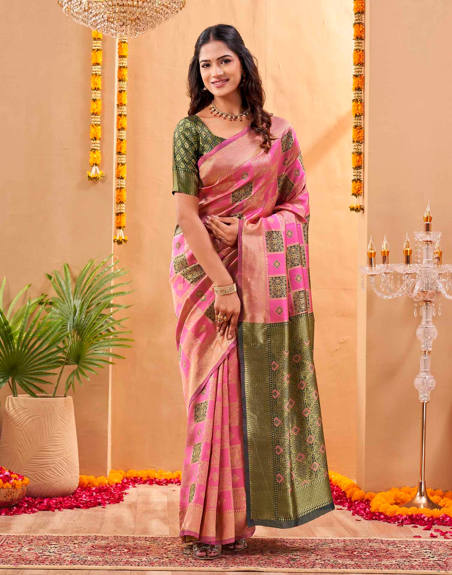 Pink Silk Woven Banarasi Saree