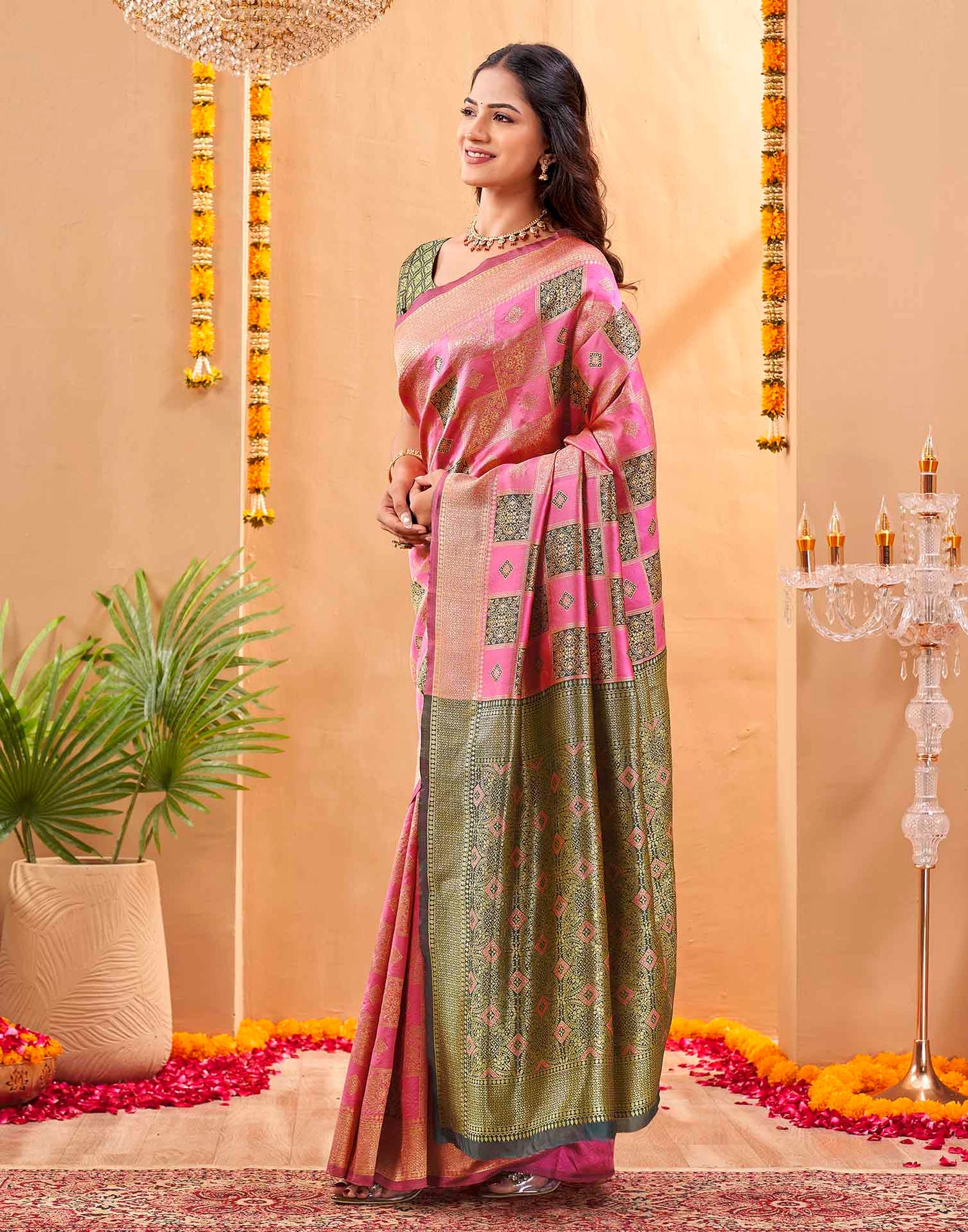 Pink Silk Woven Banarasi Saree