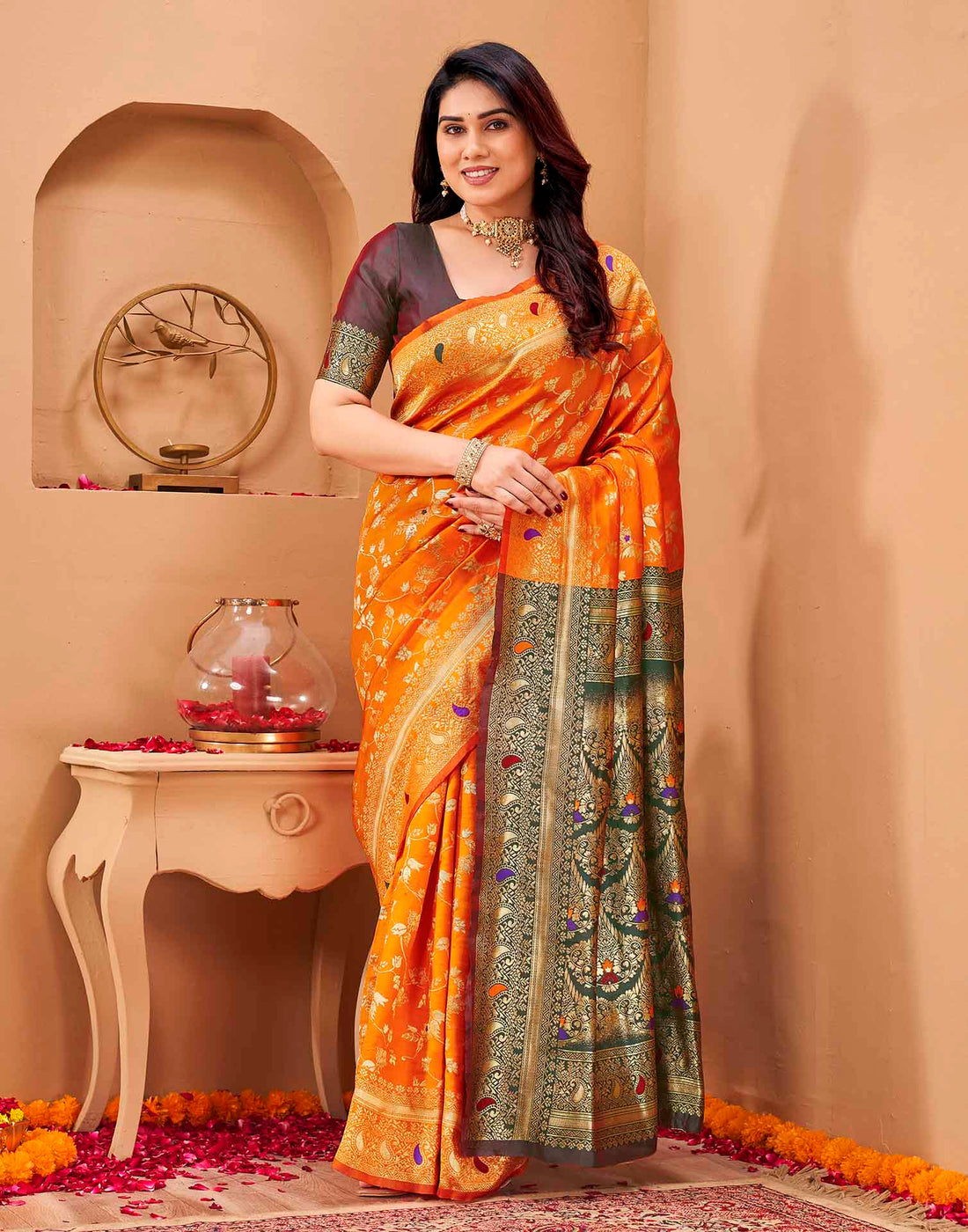 Orange Silk Woven Banarasi Saree