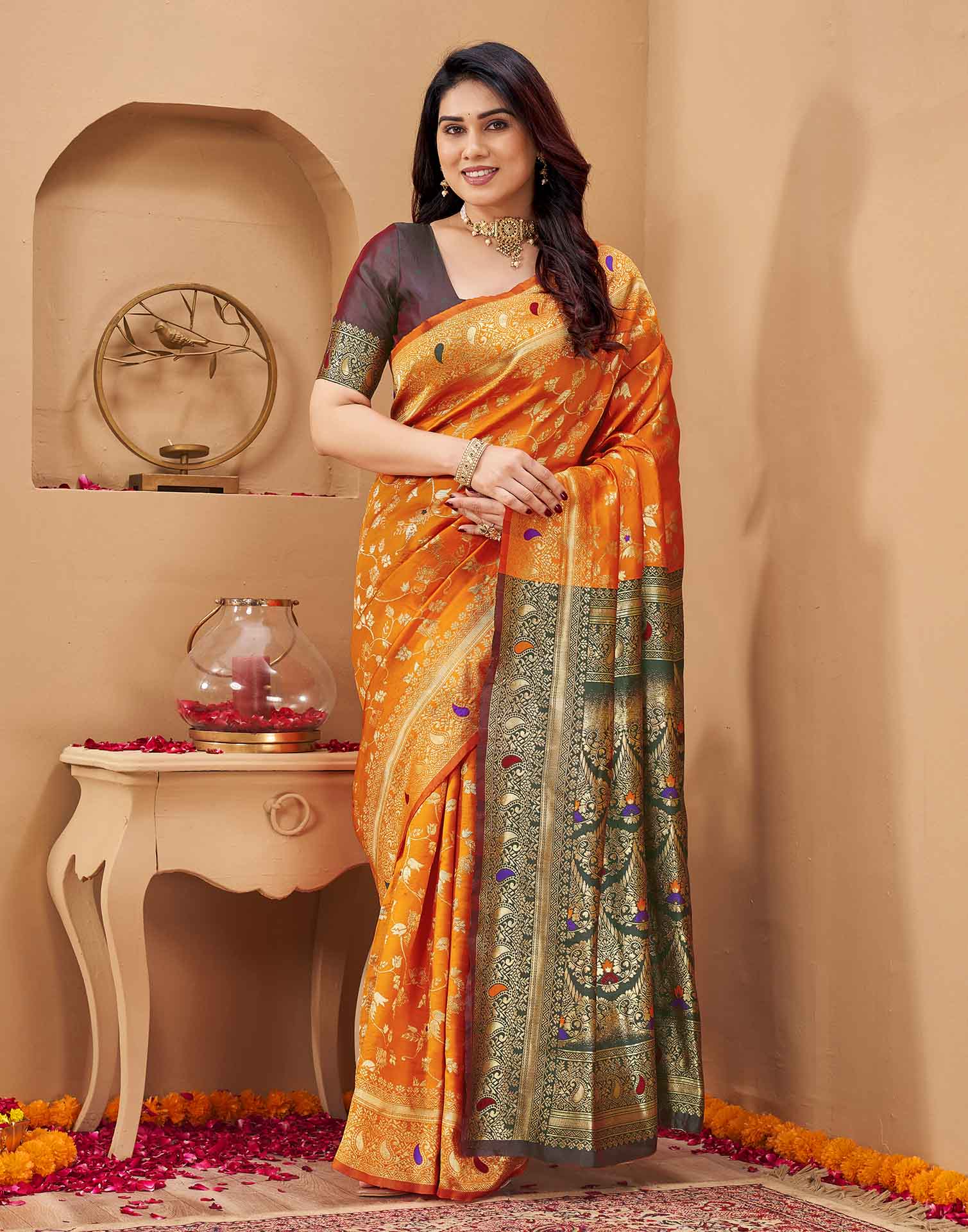 Orange Silk Woven Banarasi Saree