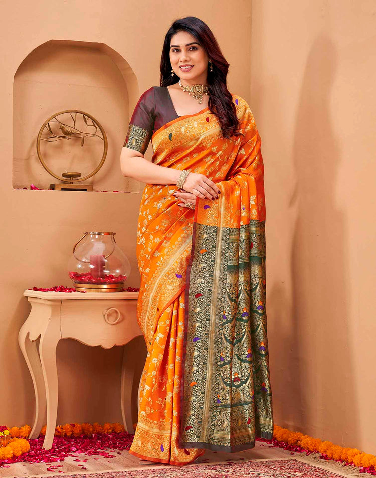 Orange Silk Woven Banarasi Saree