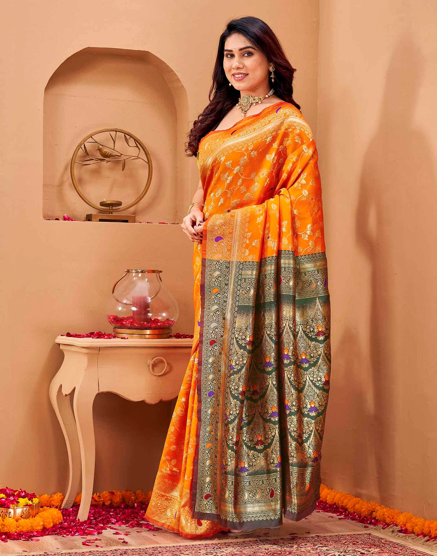 Orange Silk Woven Banarasi Saree