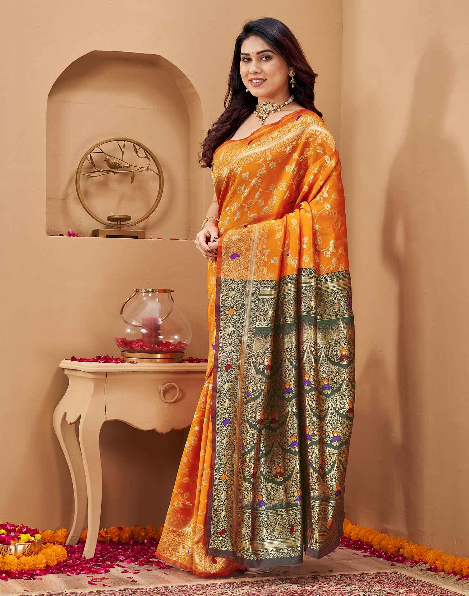 Orange Silk Woven Banarasi Saree