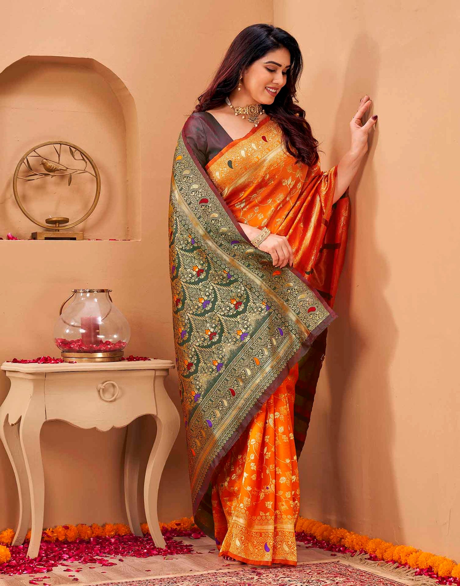 Orange Silk Woven Banarasi Saree
