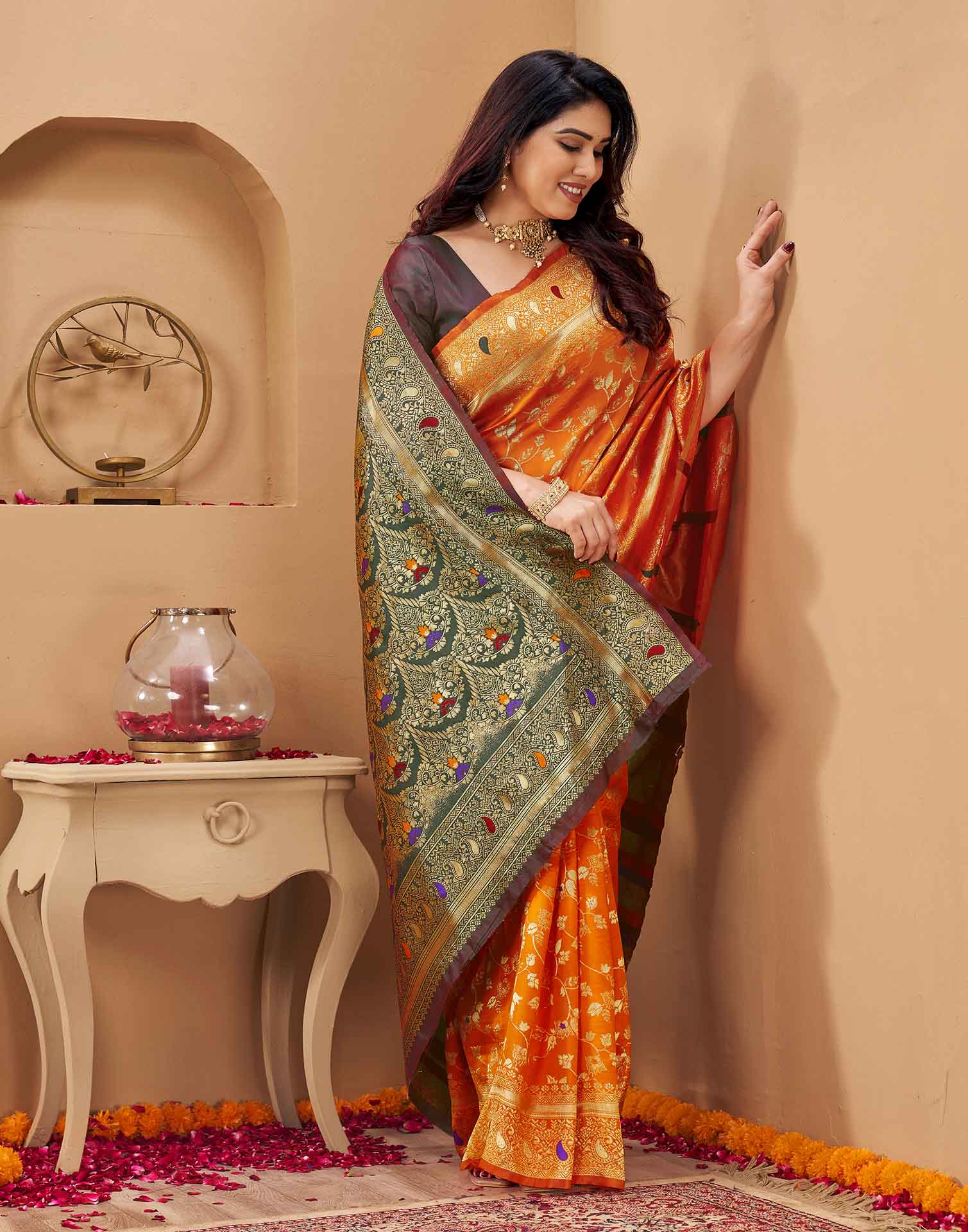 Orange Silk Woven Banarasi Saree