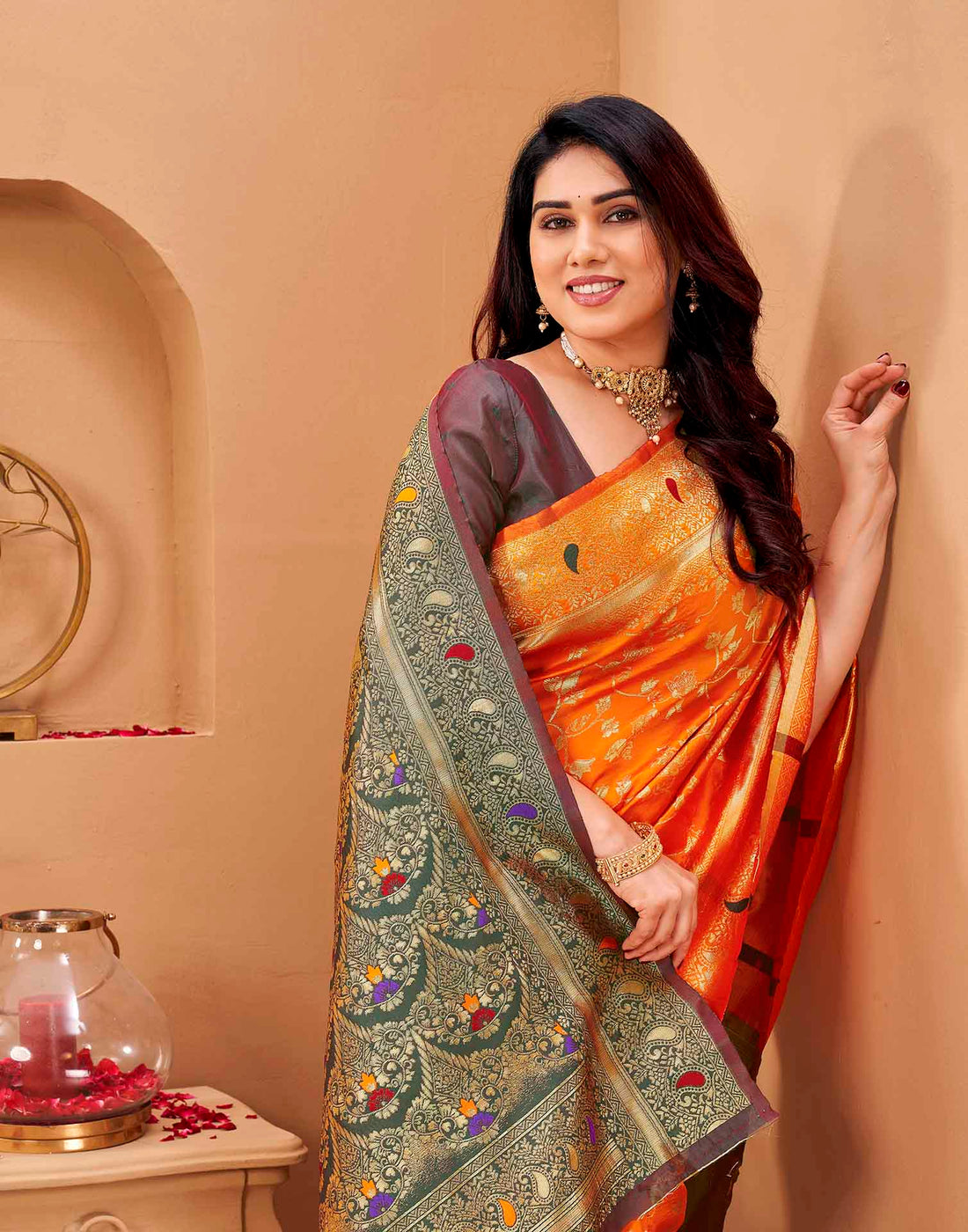 Orange Silk Woven Banarasi Saree