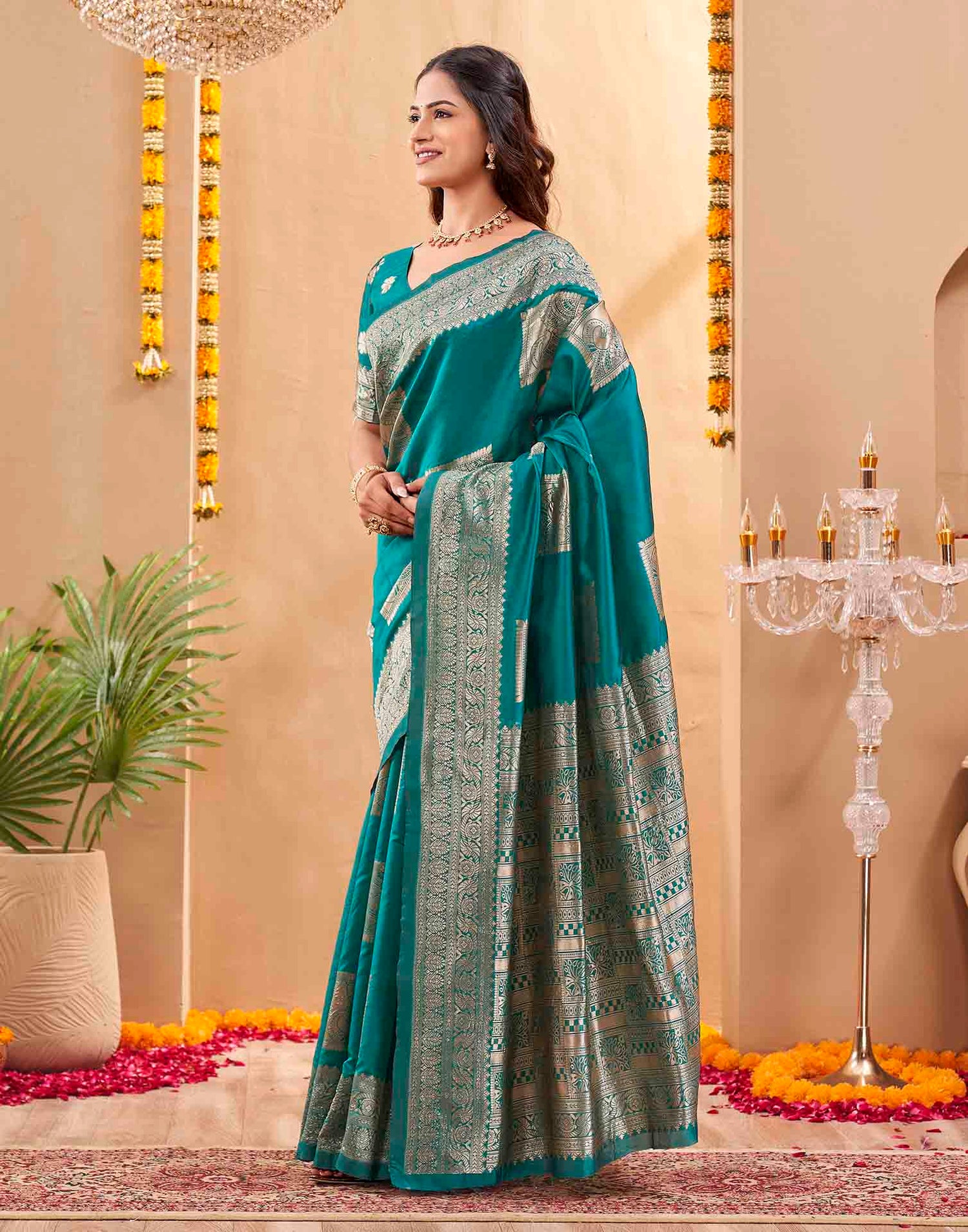 Teal Green Silk Woven Banarasi Saree