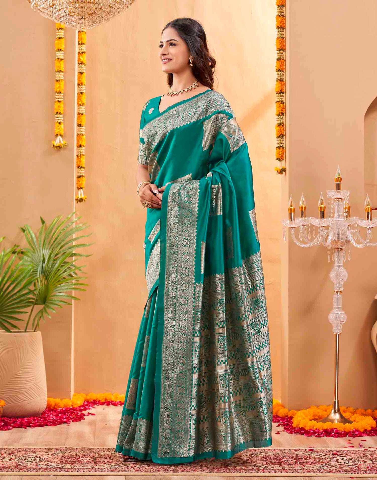 Teal Green Silk Woven Banarasi Saree