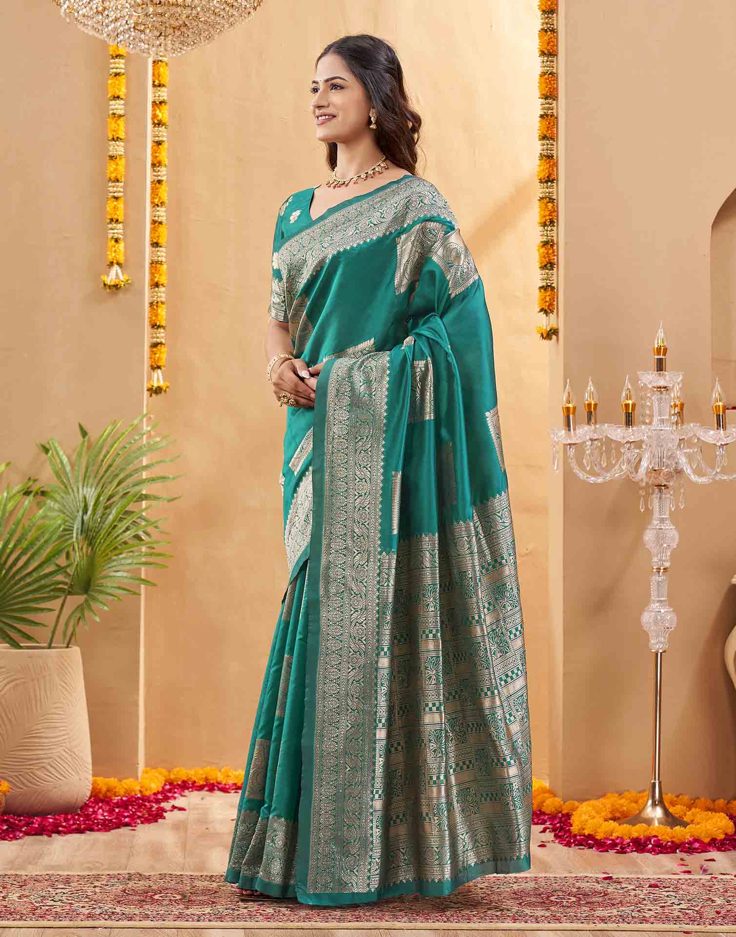 Teal Green Silk Woven Banarasi Saree