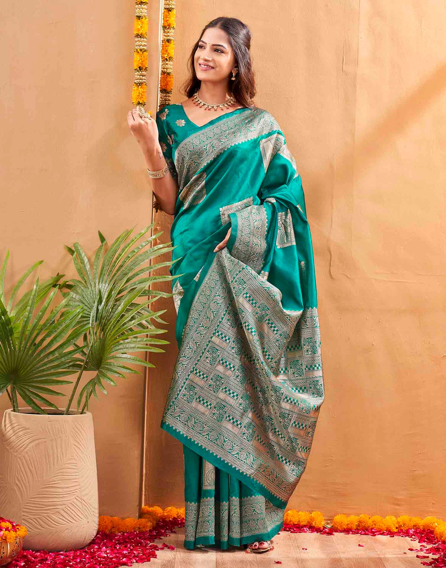 Teal Green Silk Woven Banarasi Saree