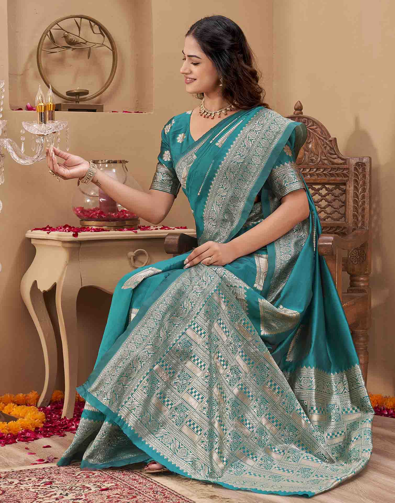 Teal Green Silk Woven Banarasi Saree