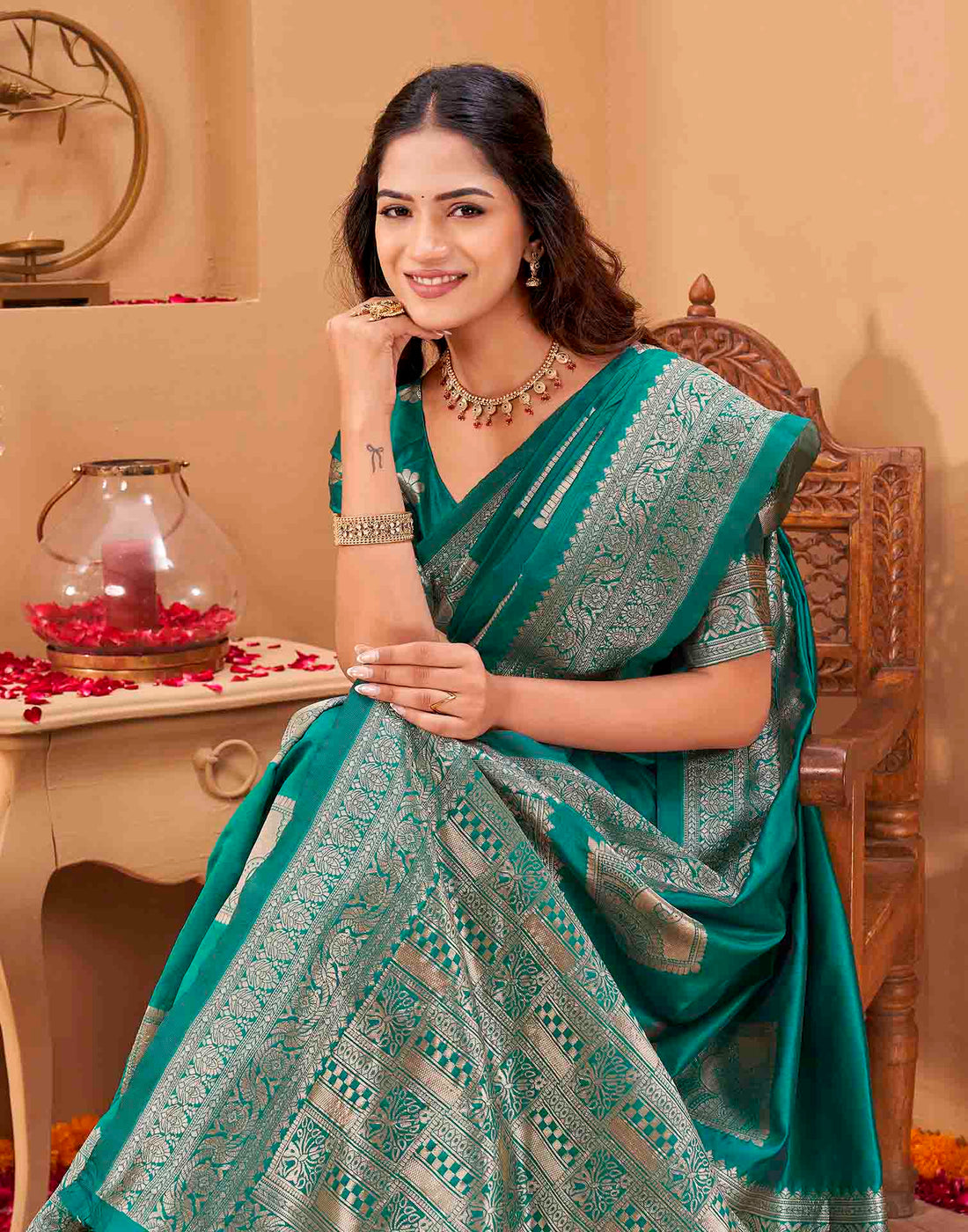 Teal Green Silk Woven Banarasi Saree