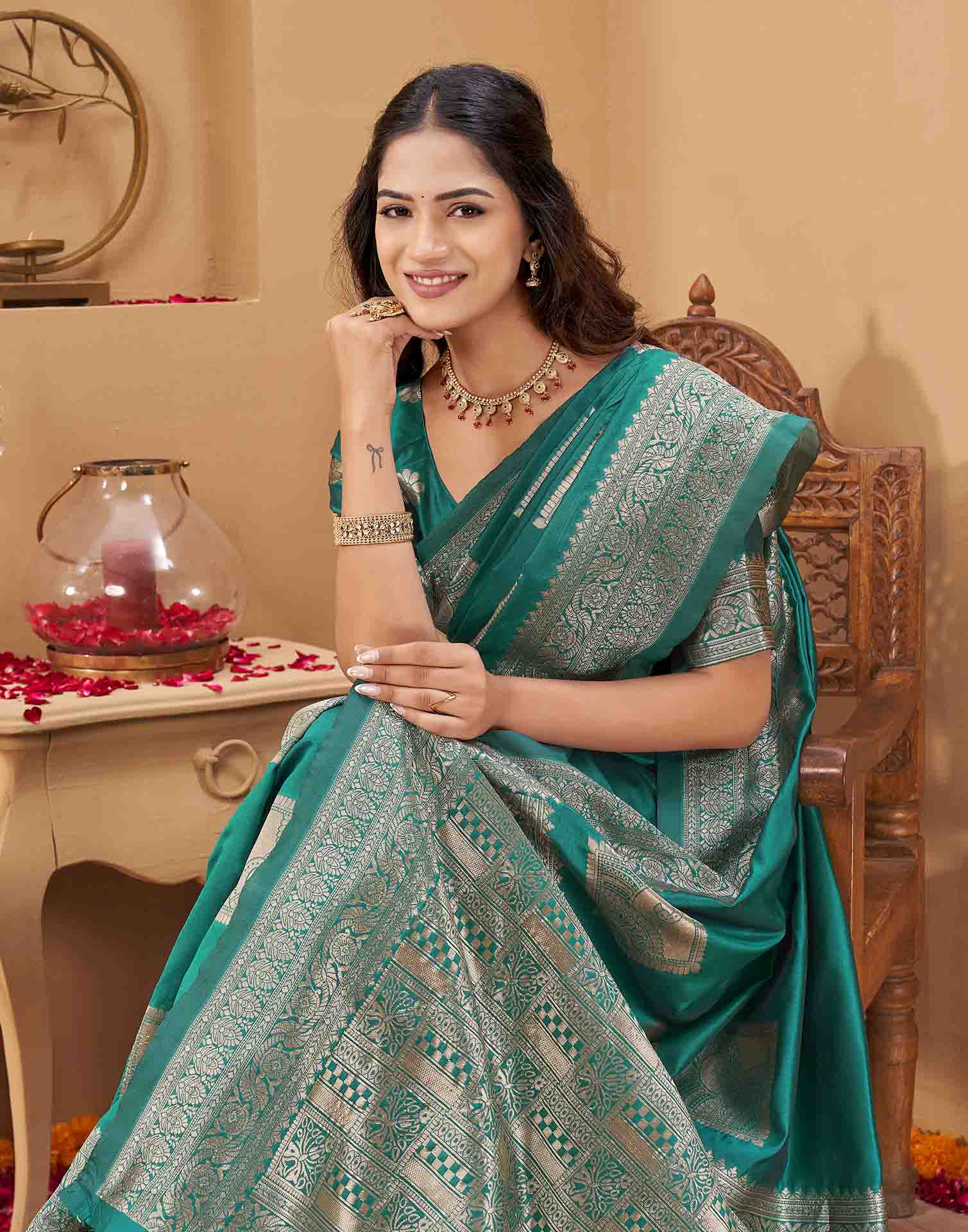 Teal Green Silk Woven Banarasi Saree