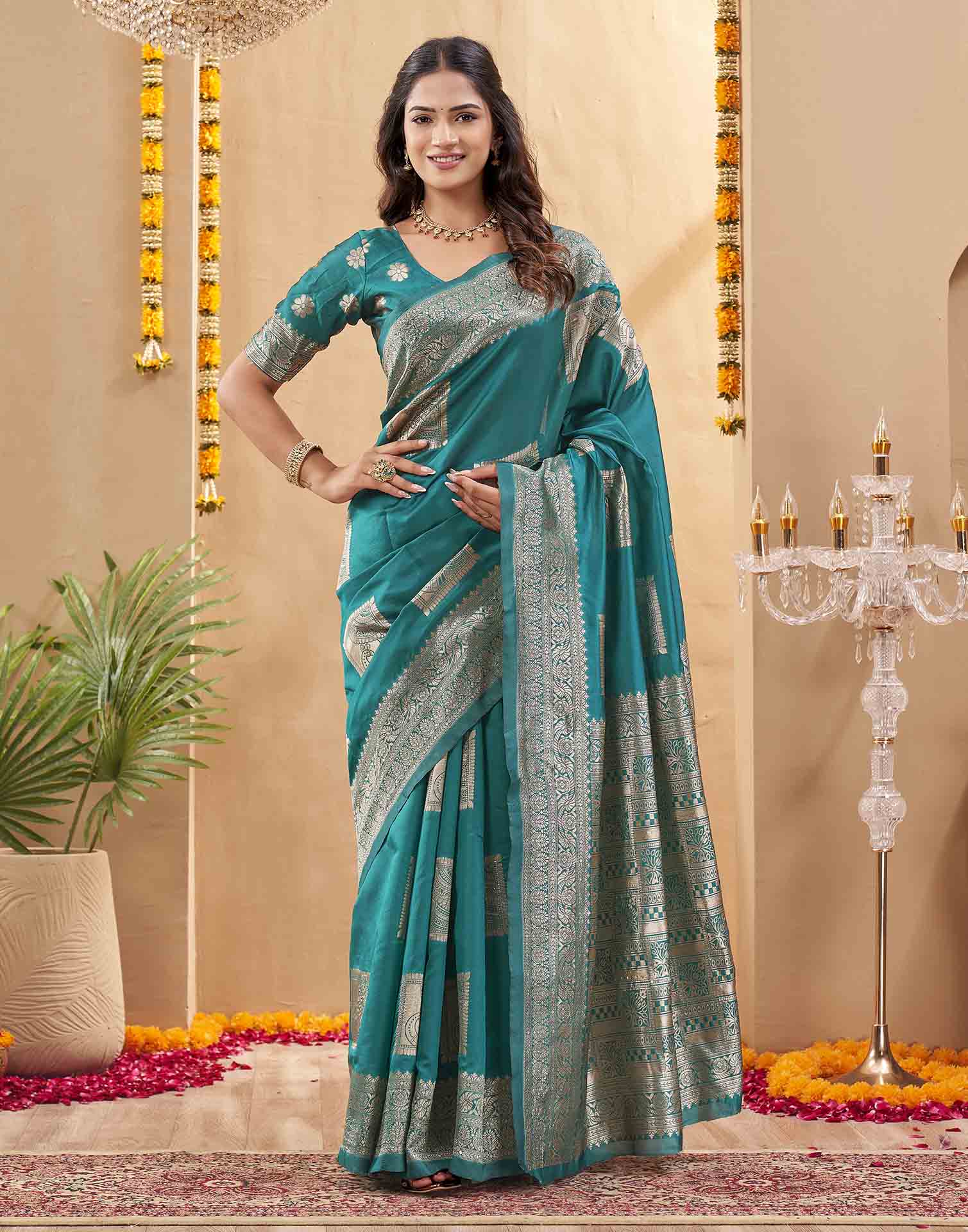 Teal Green Silk Woven Banarasi Saree