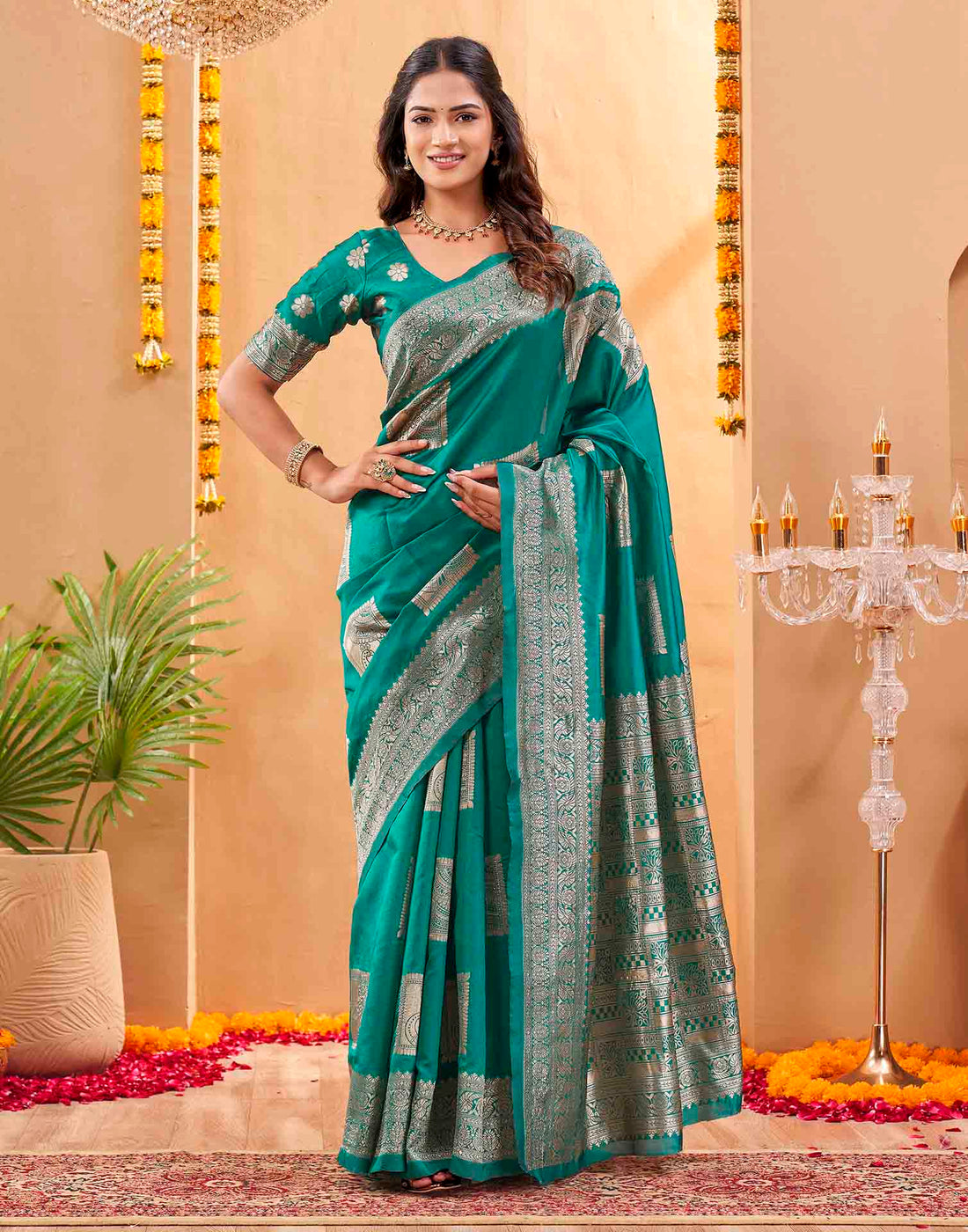 Teal Green Silk Woven Banarasi Saree