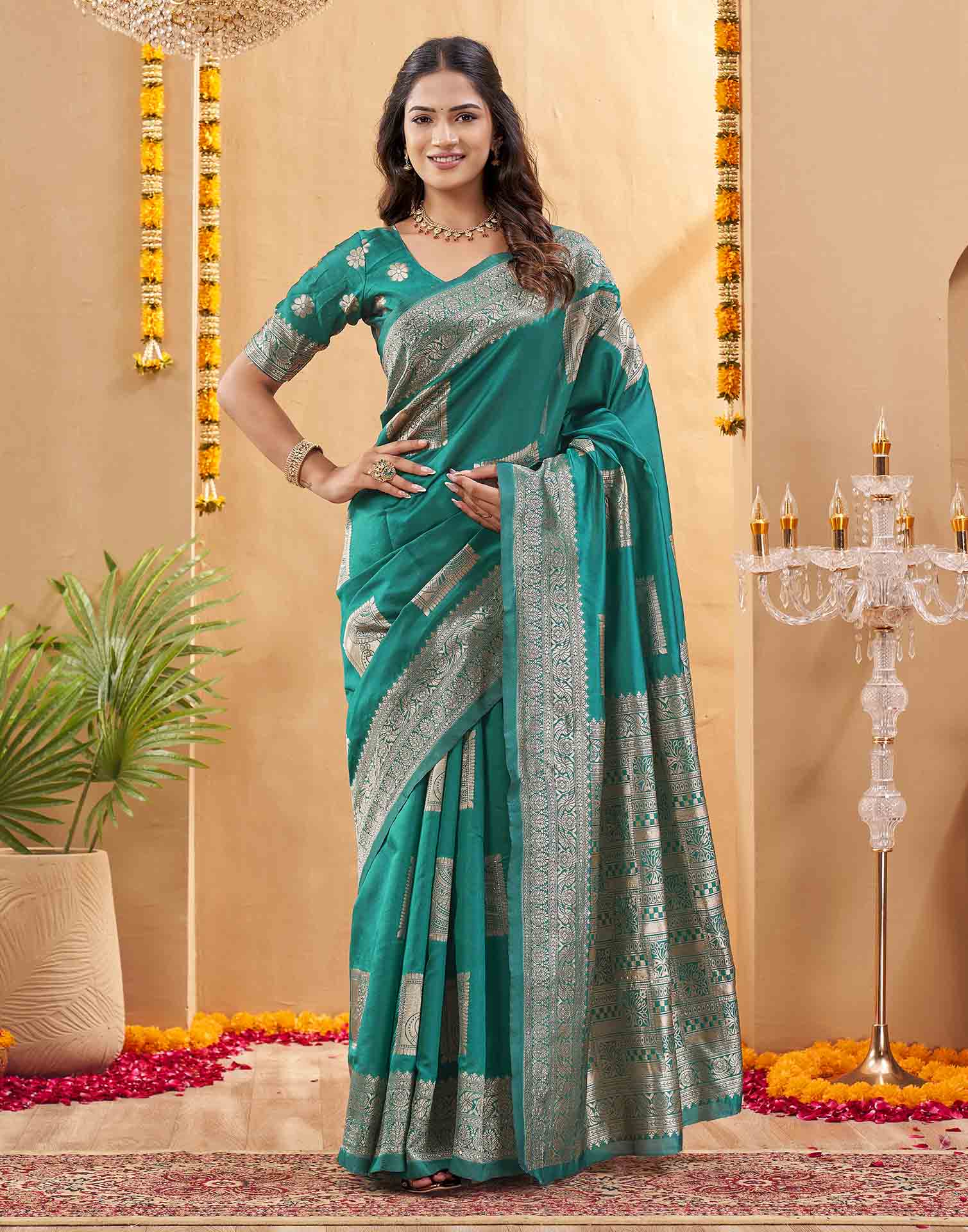 Teal Green Silk Woven Banarasi Saree