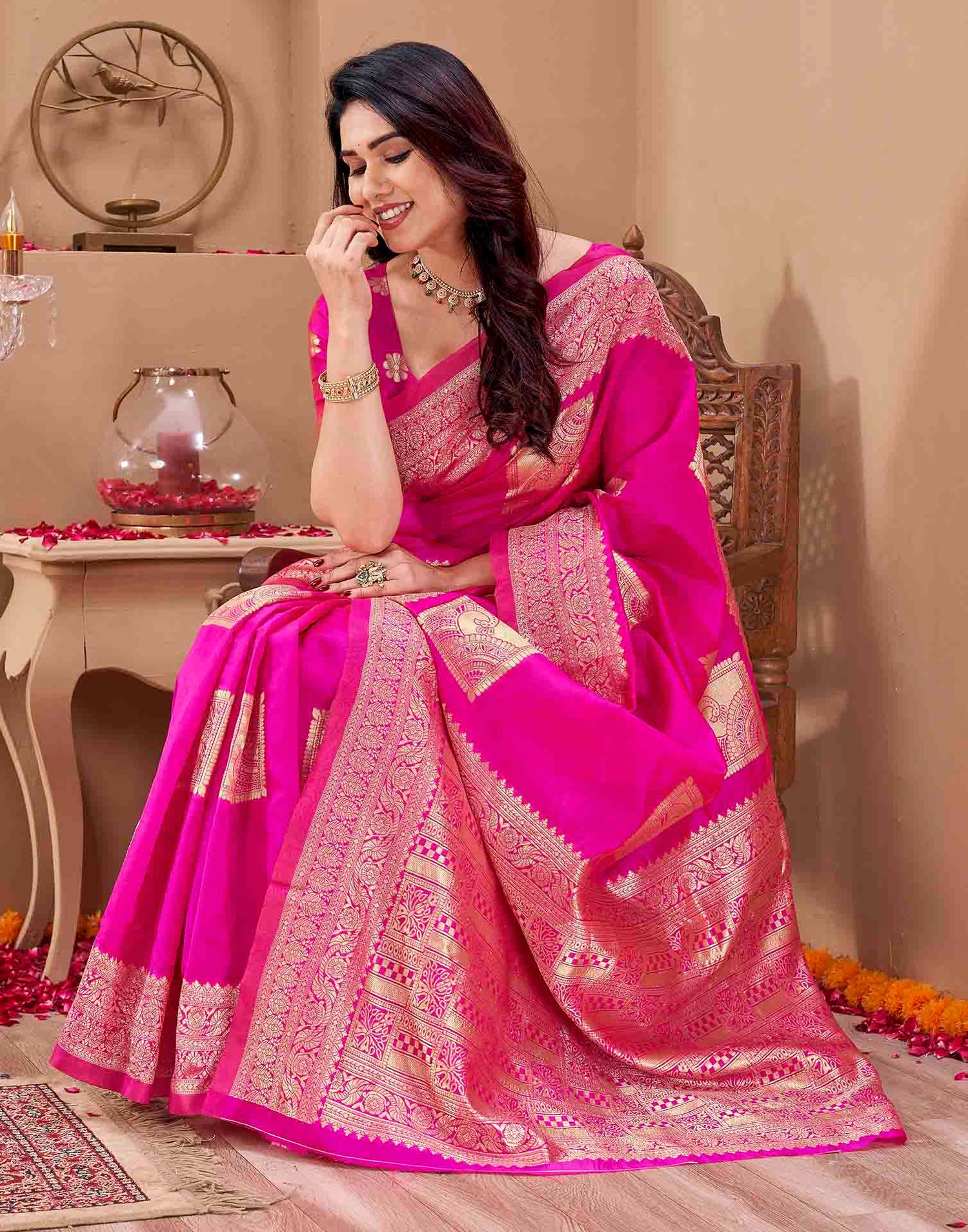 Pink Silk Woven Banarasi Saree
