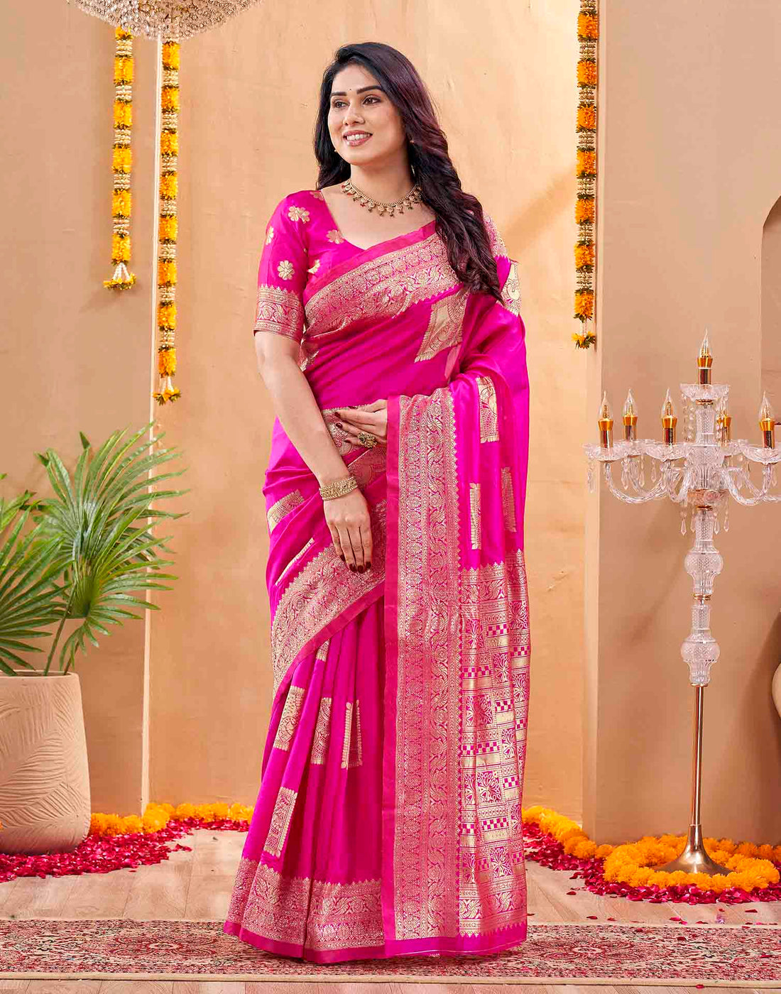 Pink Silk Woven Banarasi Saree