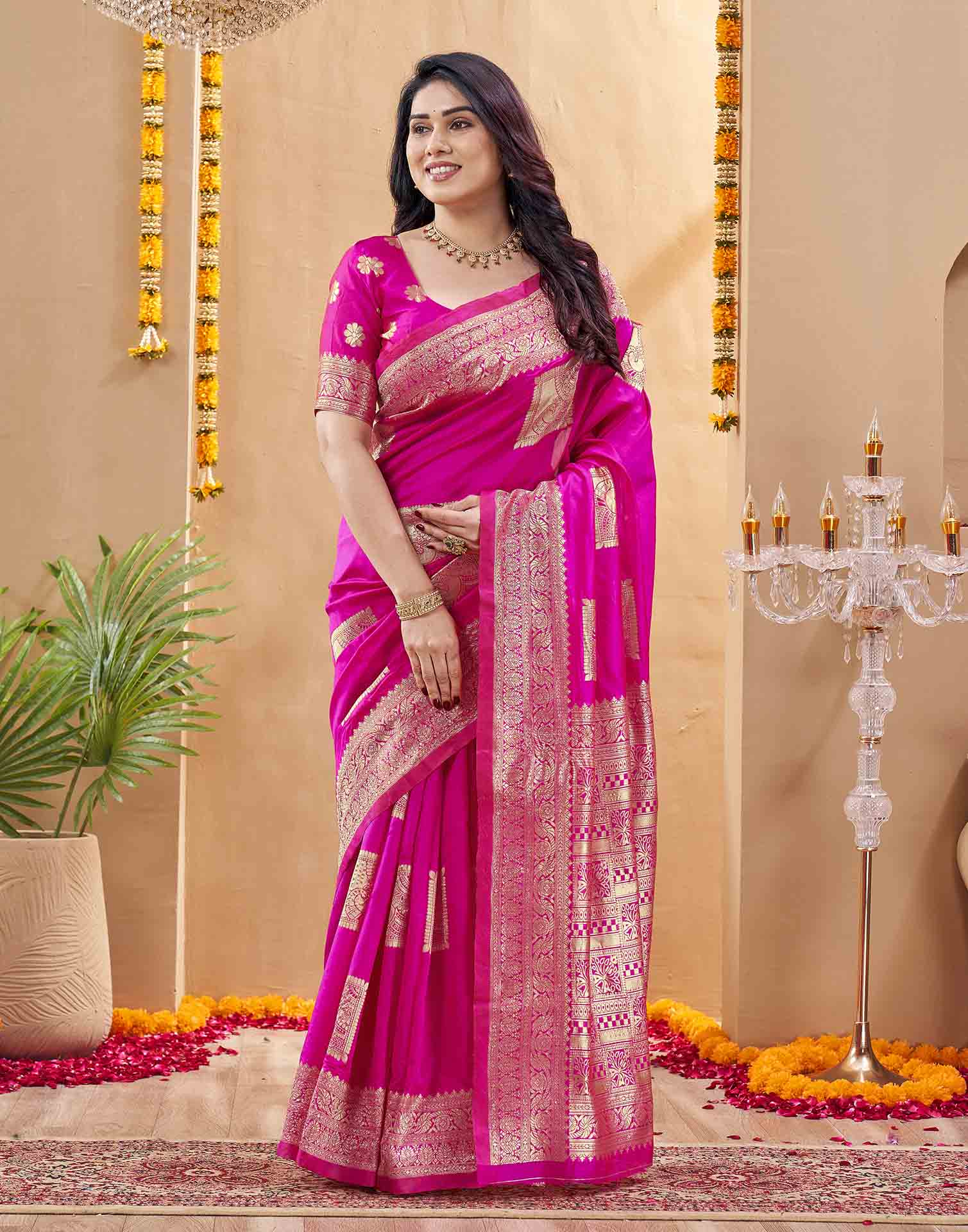 Pink Silk Woven Banarasi Saree