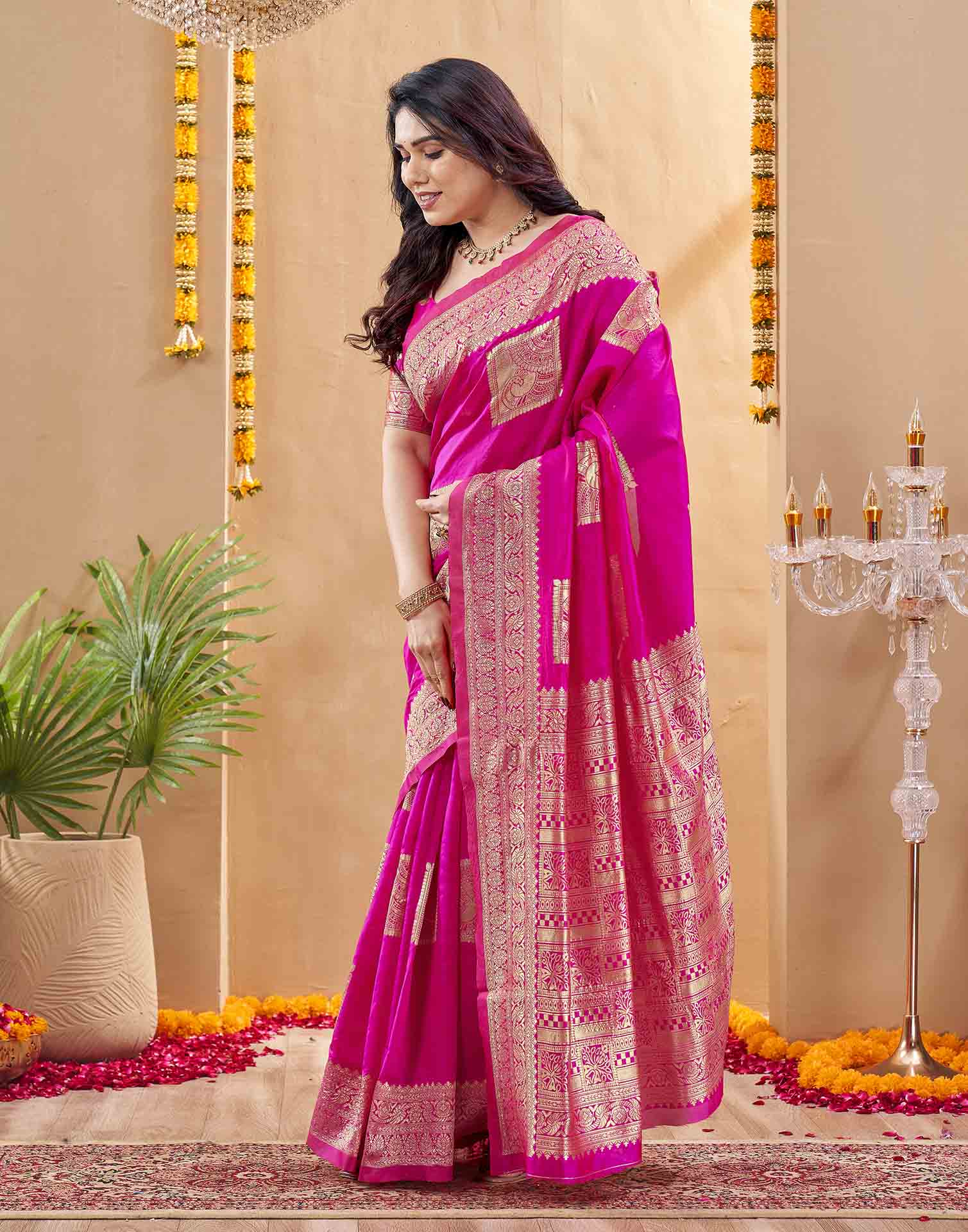 Pink Silk Woven Banarasi Saree