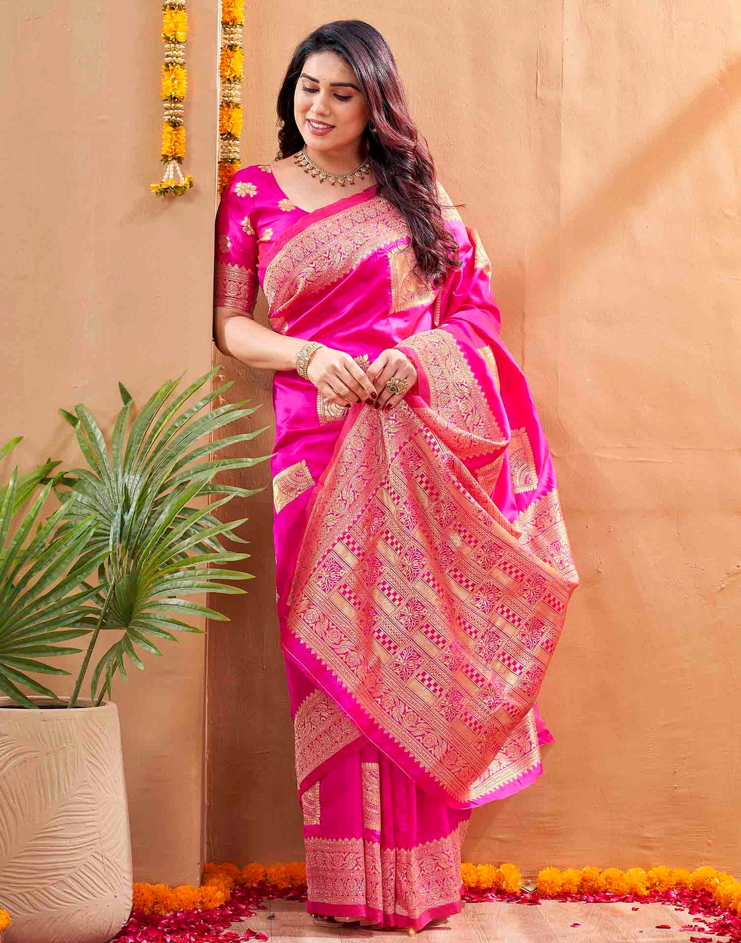 Pink Silk Woven Banarasi Saree