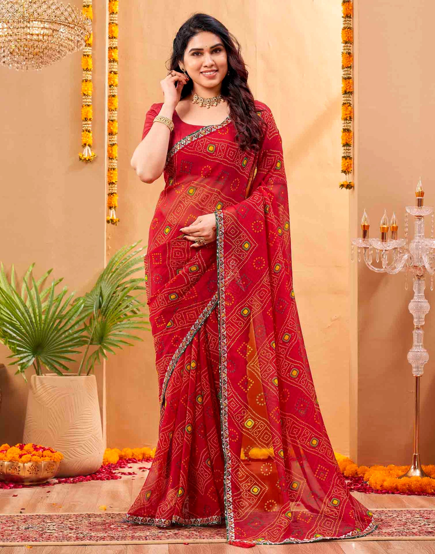 Red Georgette Printed Bandhani Saree
