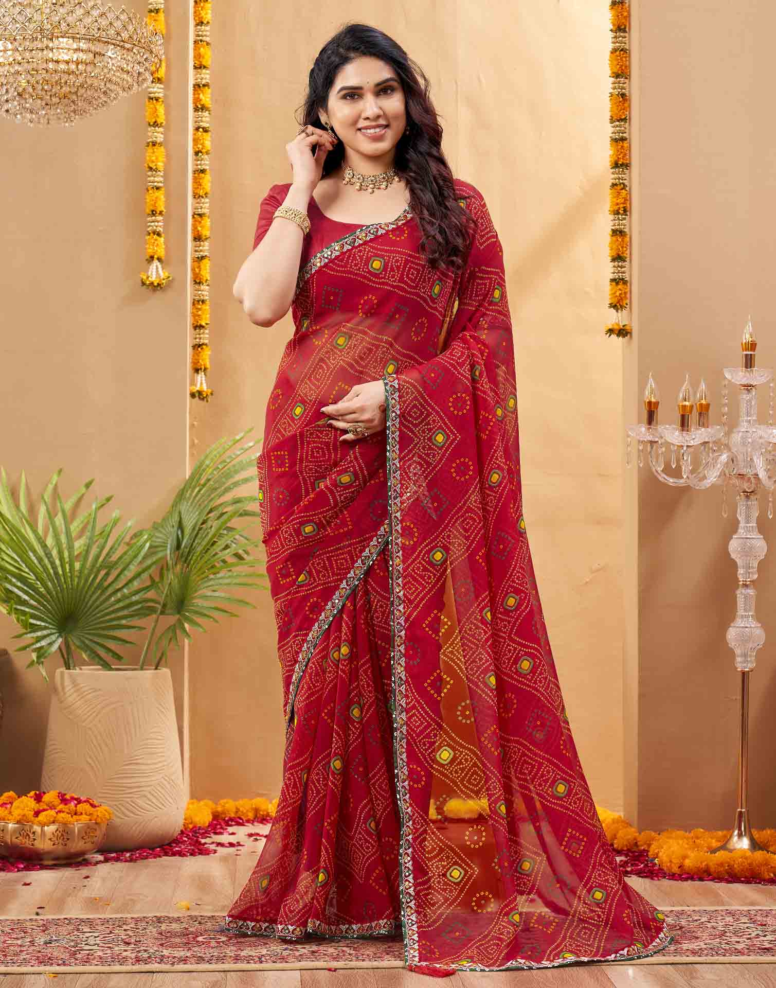 Red Georgette Printed Bandhani Saree