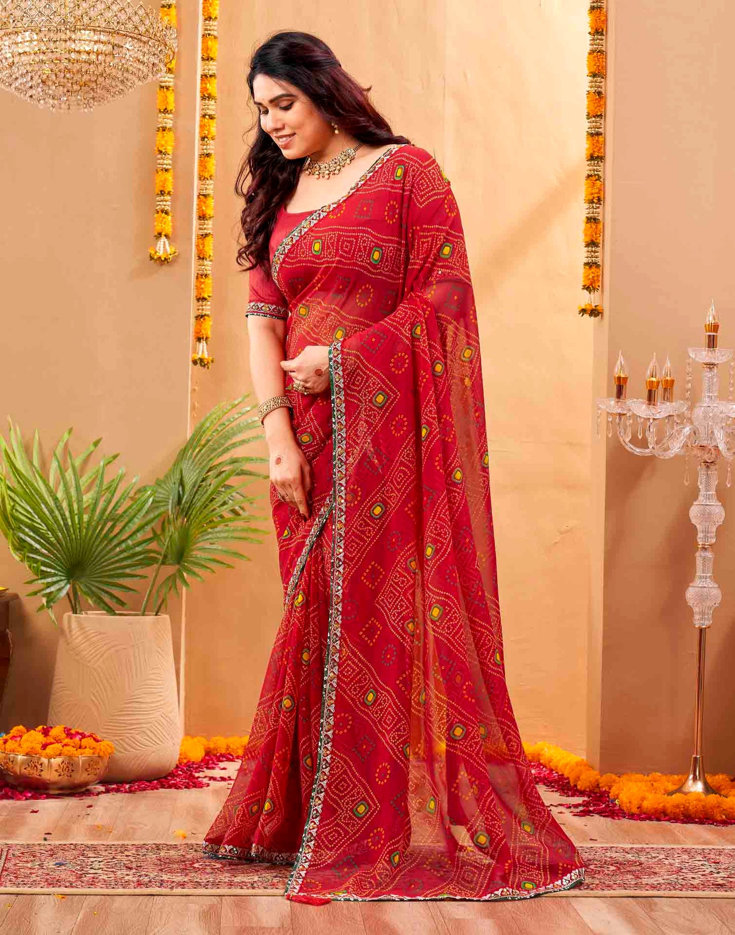 Red Georgette Printed Bandhani Saree