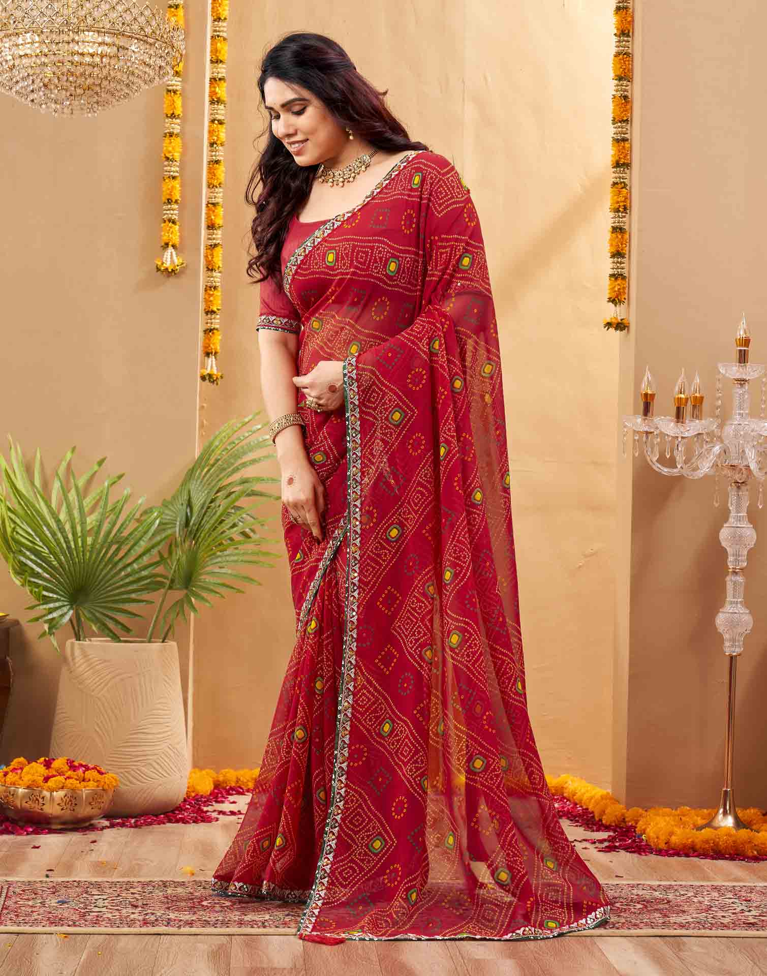 Red Georgette Printed Bandhani Saree