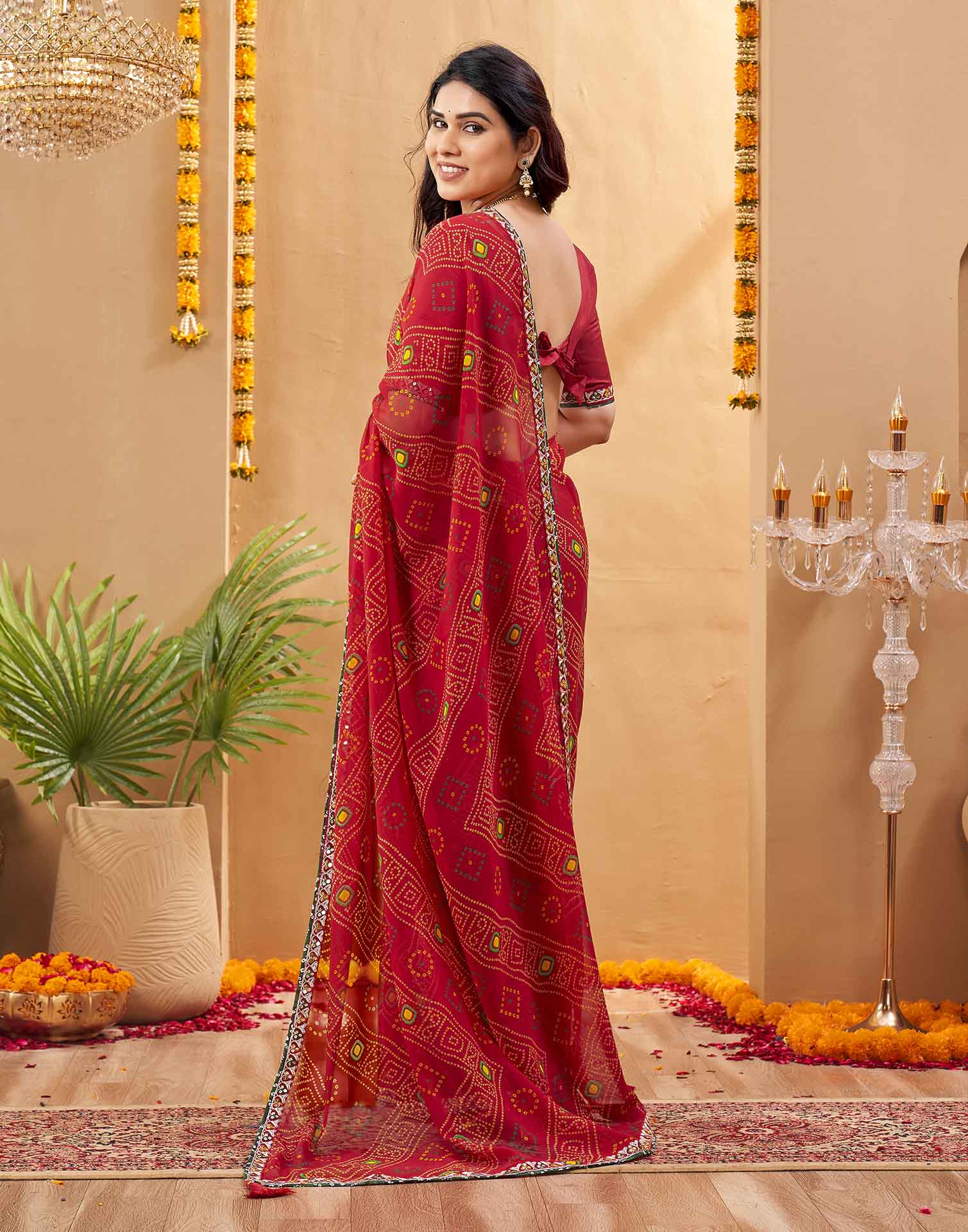 Red Georgette Printed Bandhani Saree