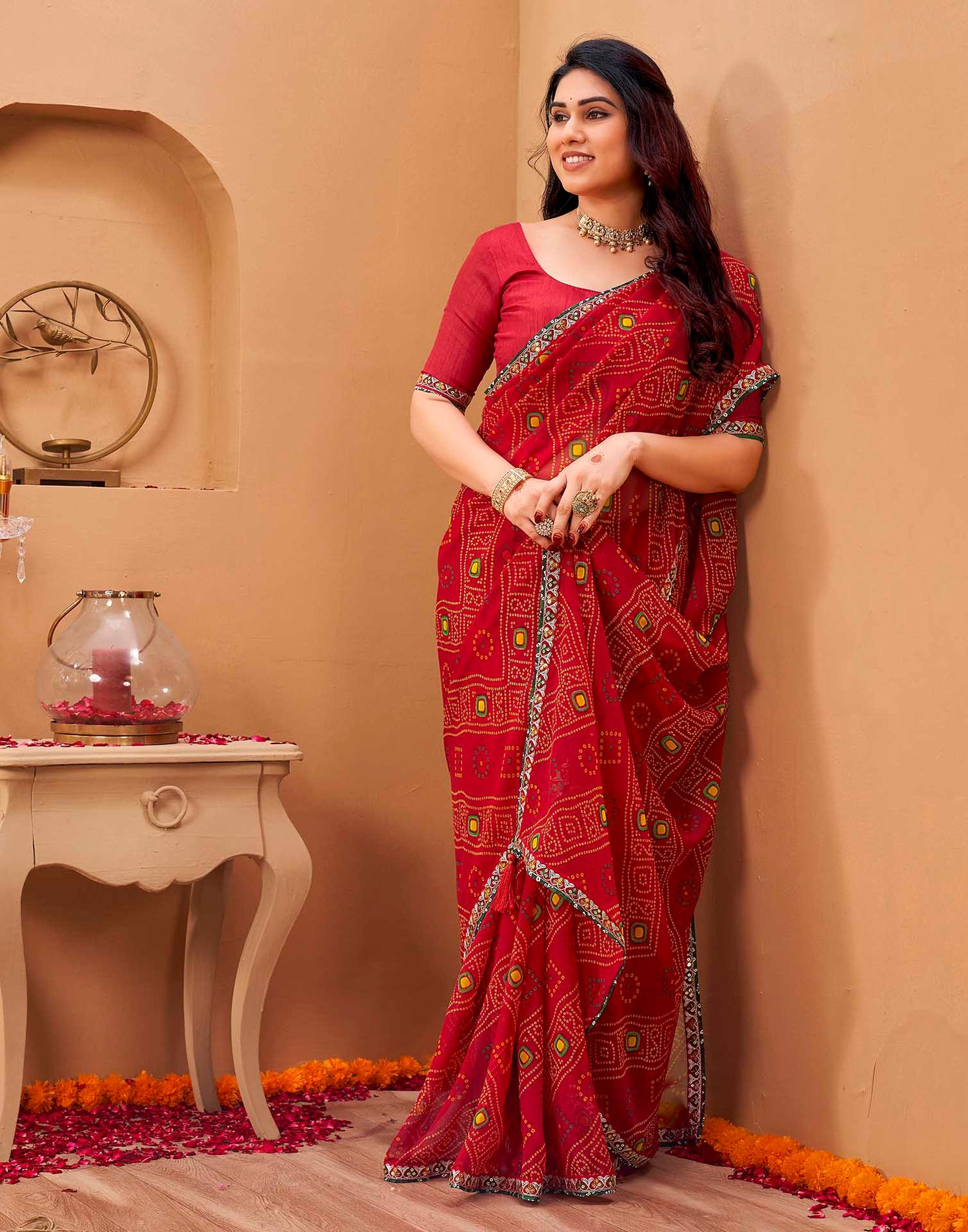 Red Georgette Printed Bandhani Saree