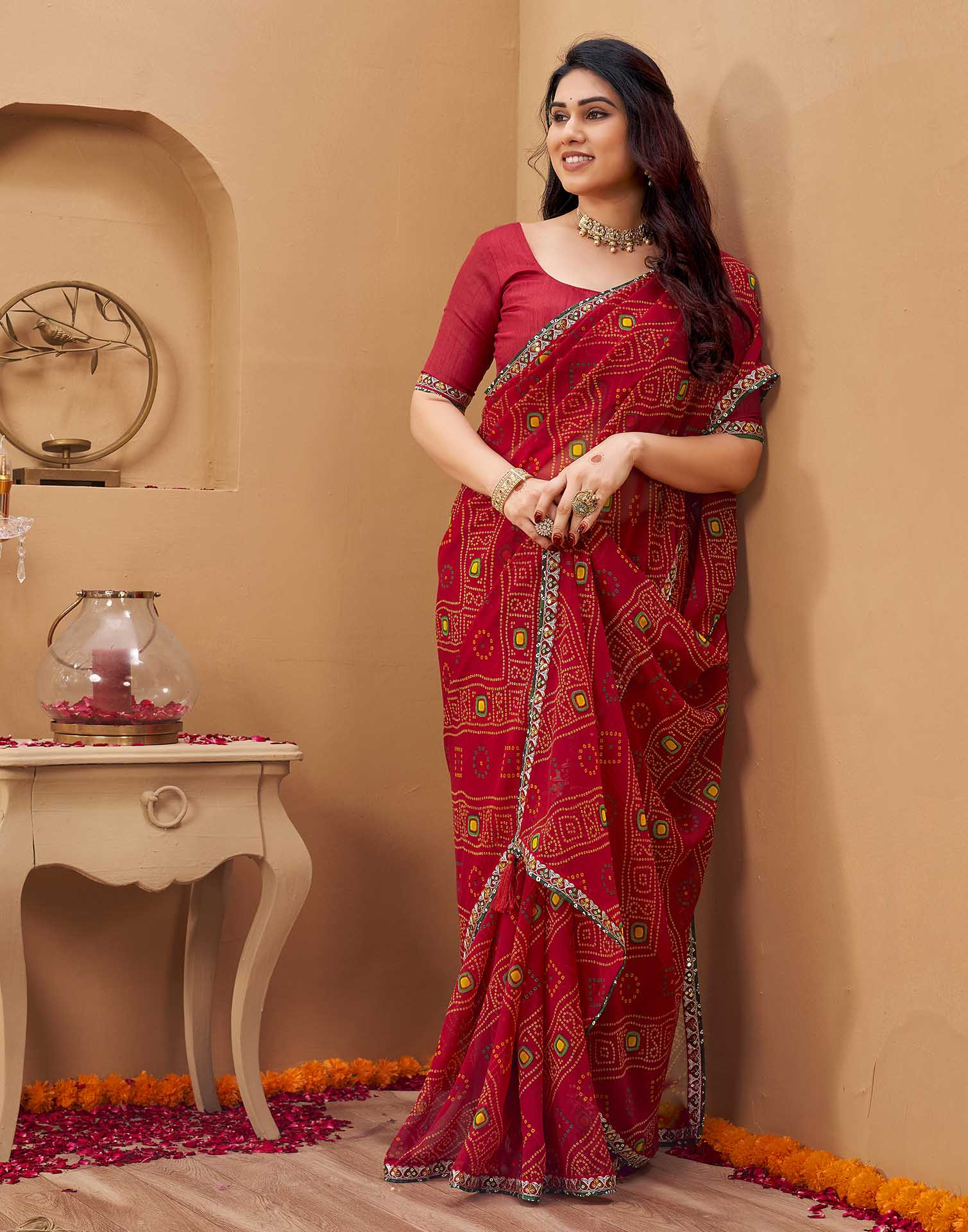 Red Georgette Printed Bandhani Saree