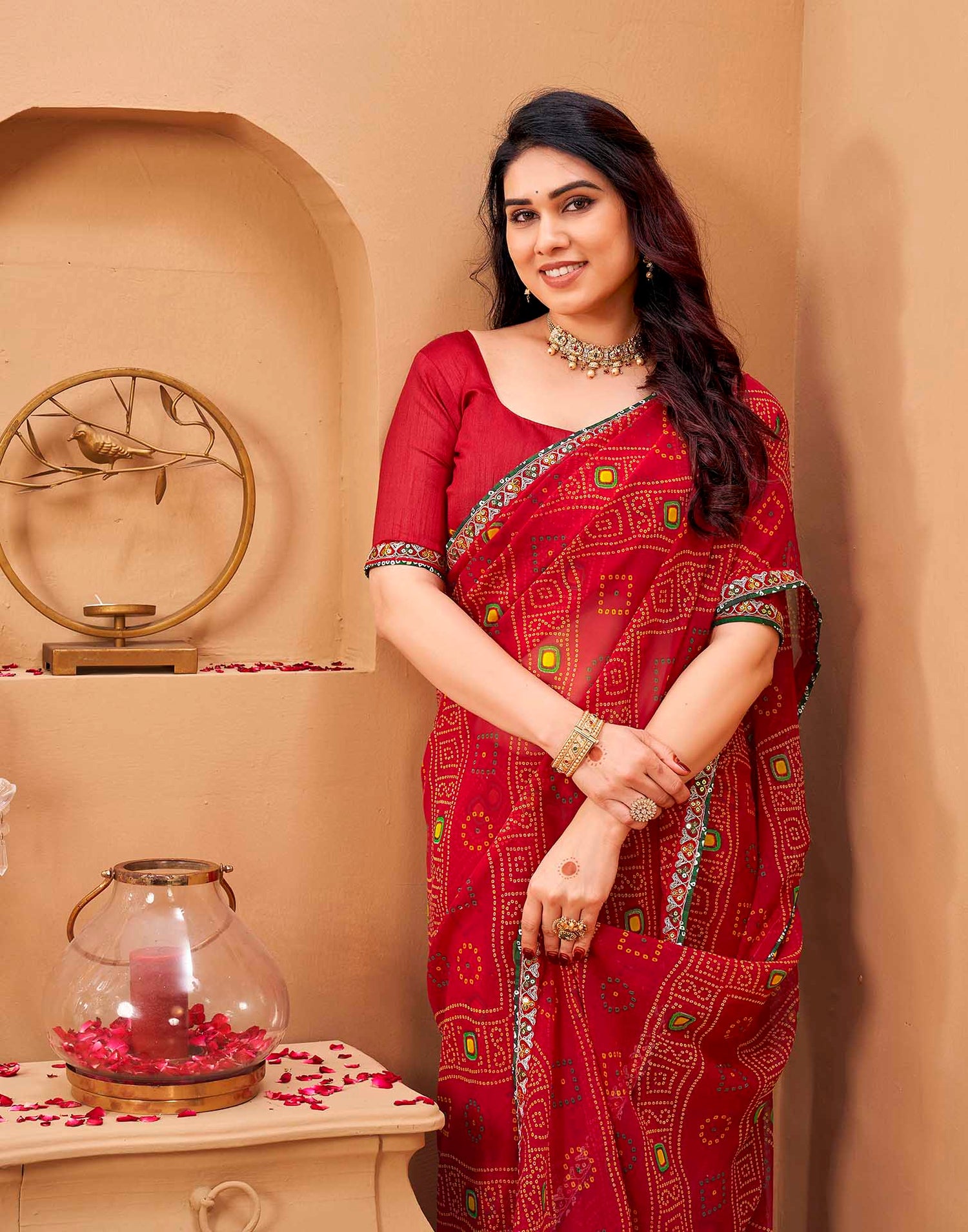 Red Georgette Printed Bandhani Saree