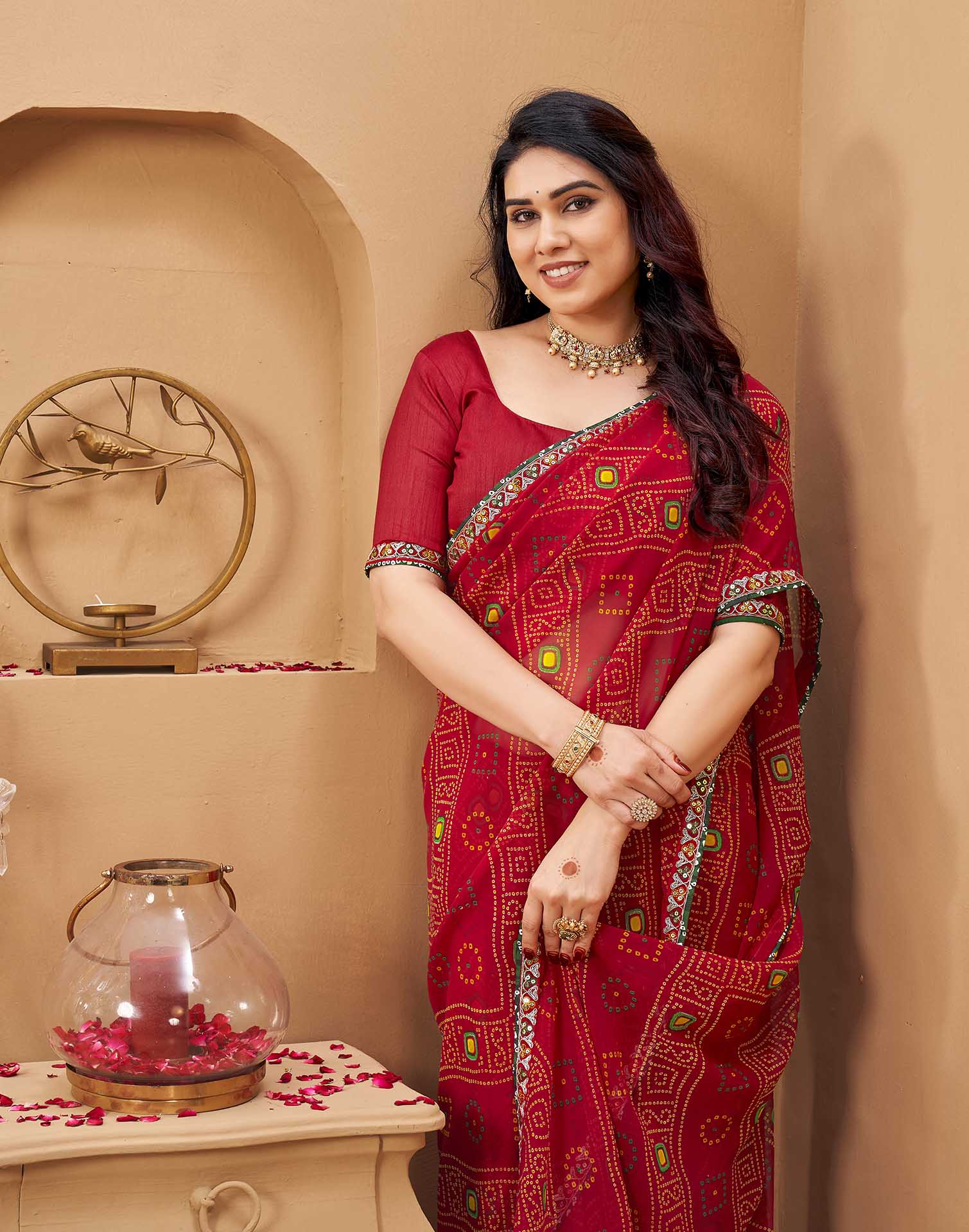Red Georgette Printed Bandhani Saree
