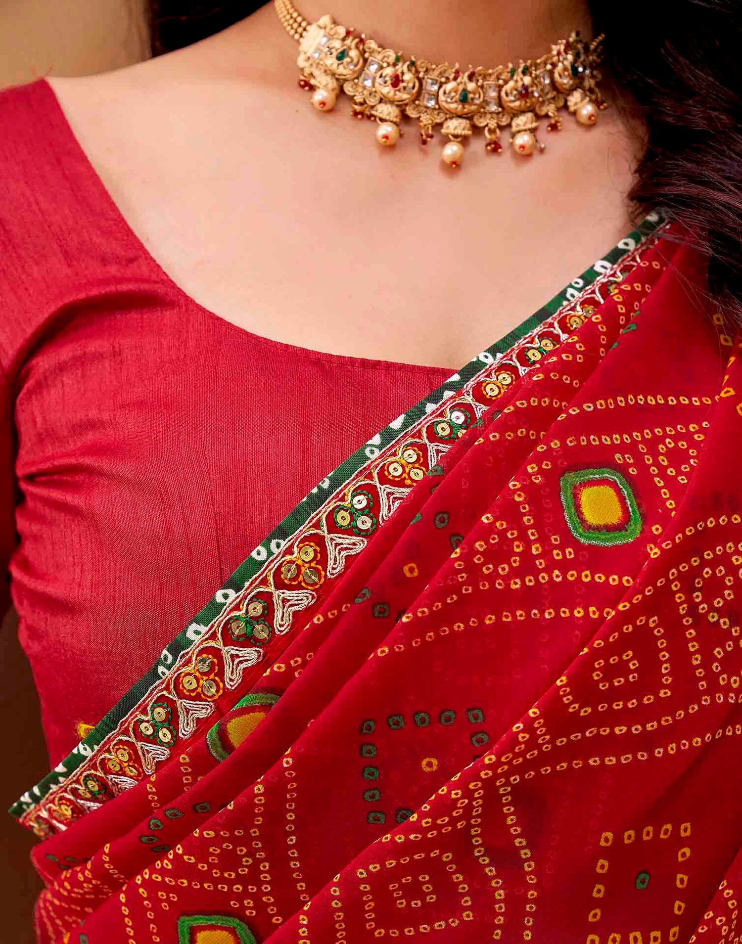 Red Georgette Printed Bandhani Saree