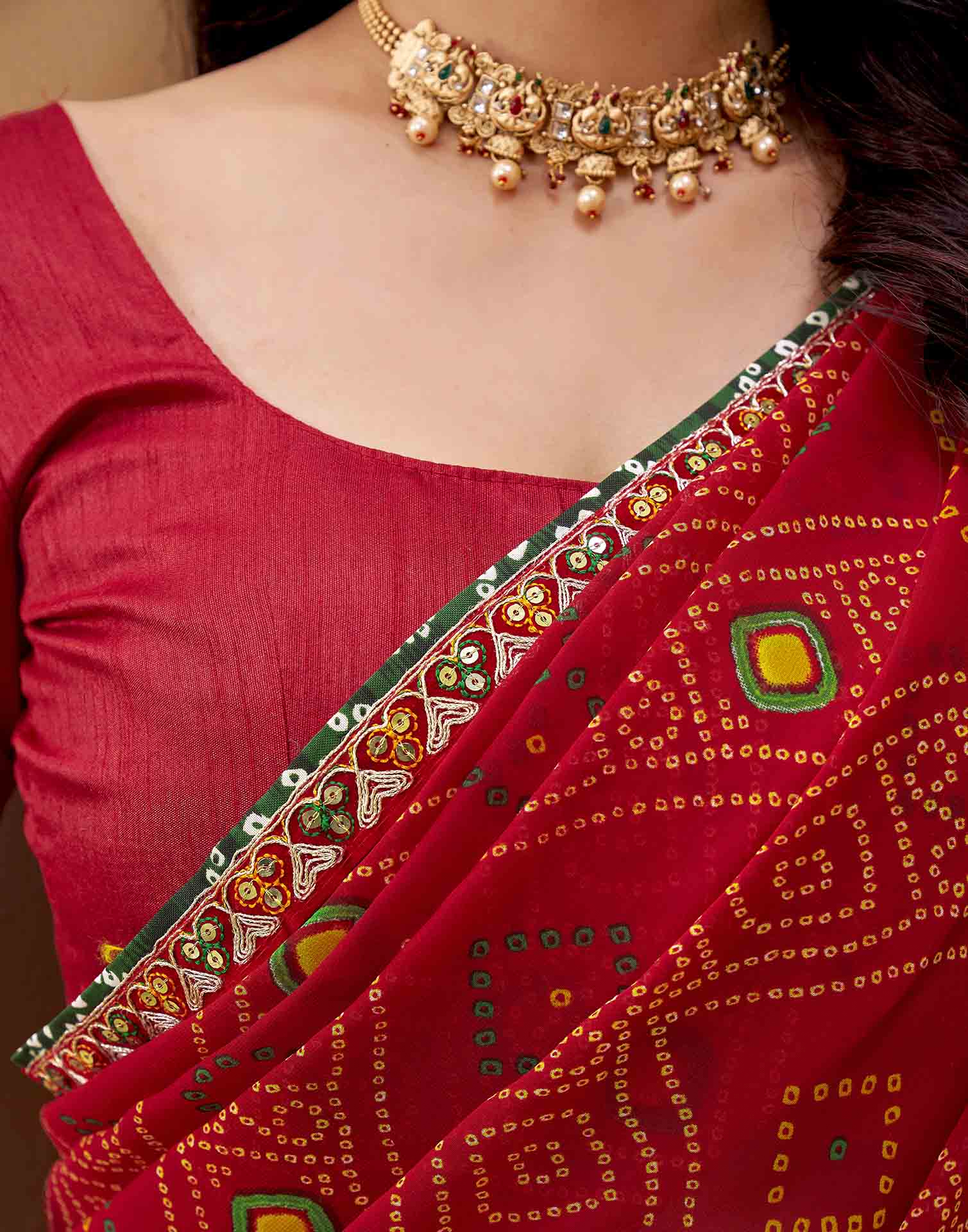 Red Georgette Printed Bandhani Saree