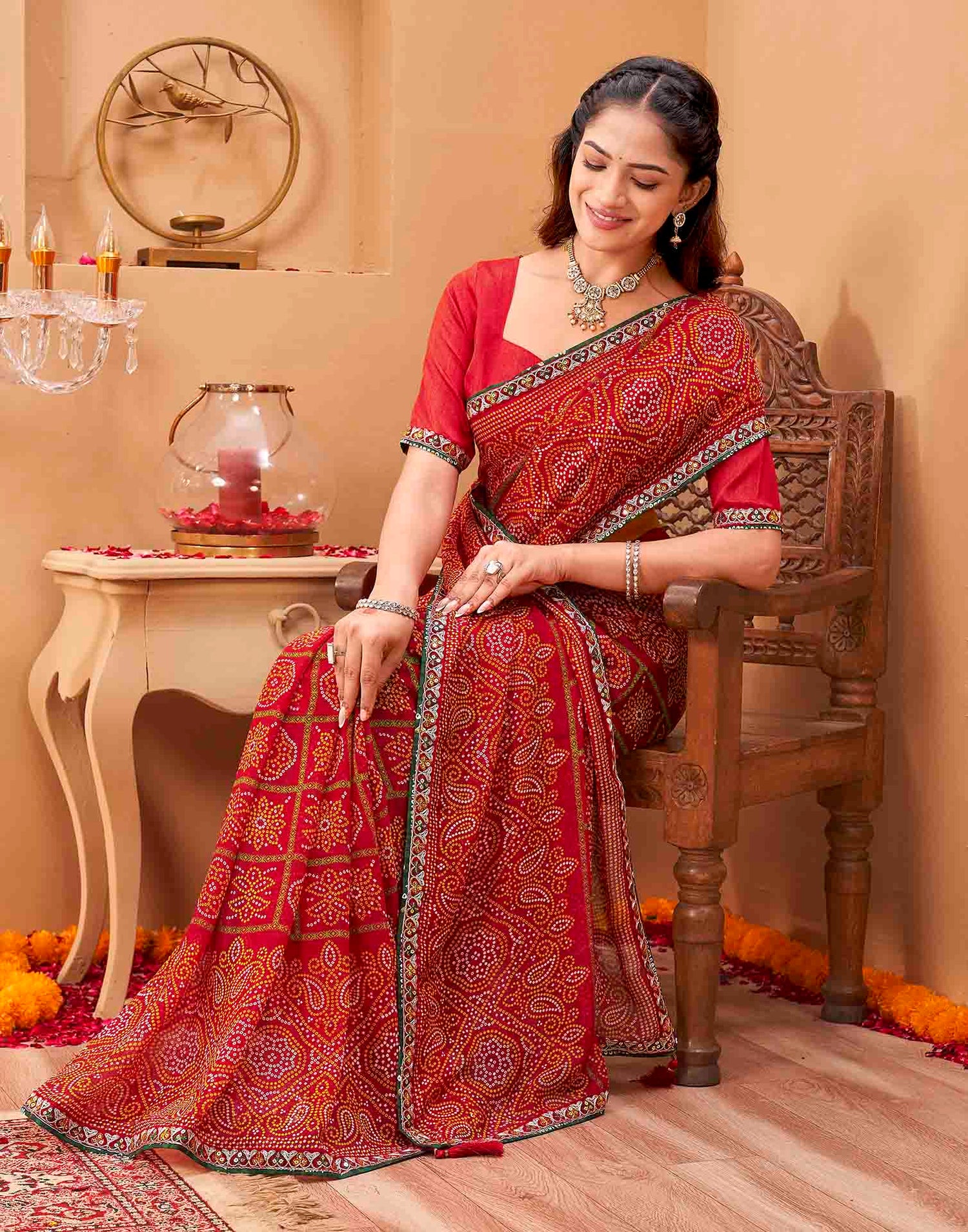 Red Georgette Printed Bandhani Saree