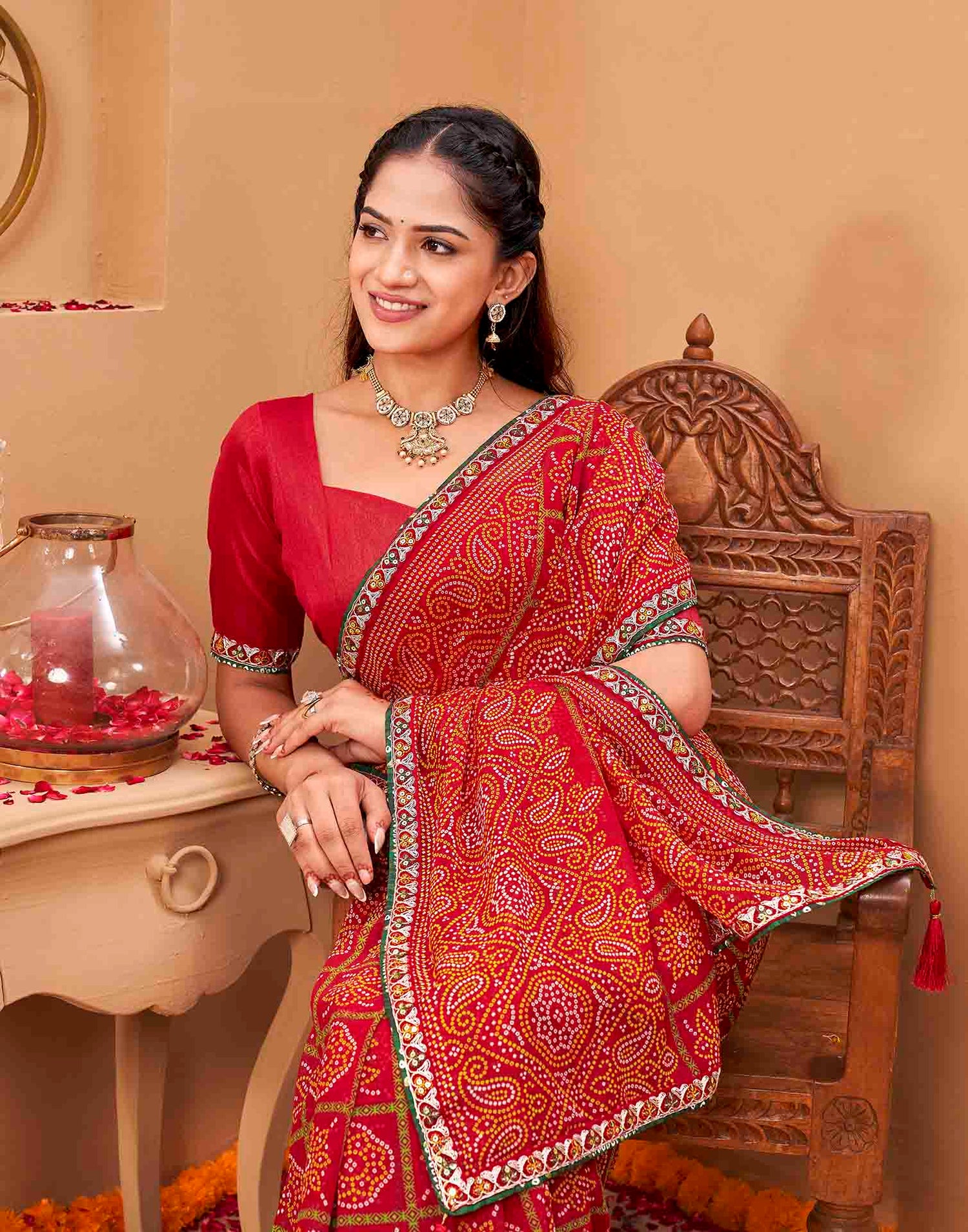 Red Georgette Printed Bandhani Saree