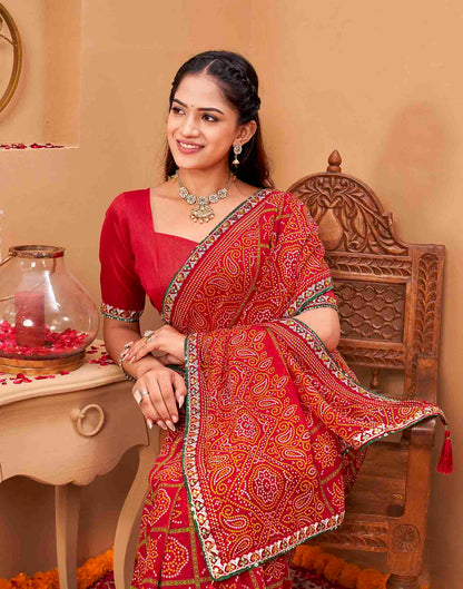 Red Georgette Printed Bandhani Saree