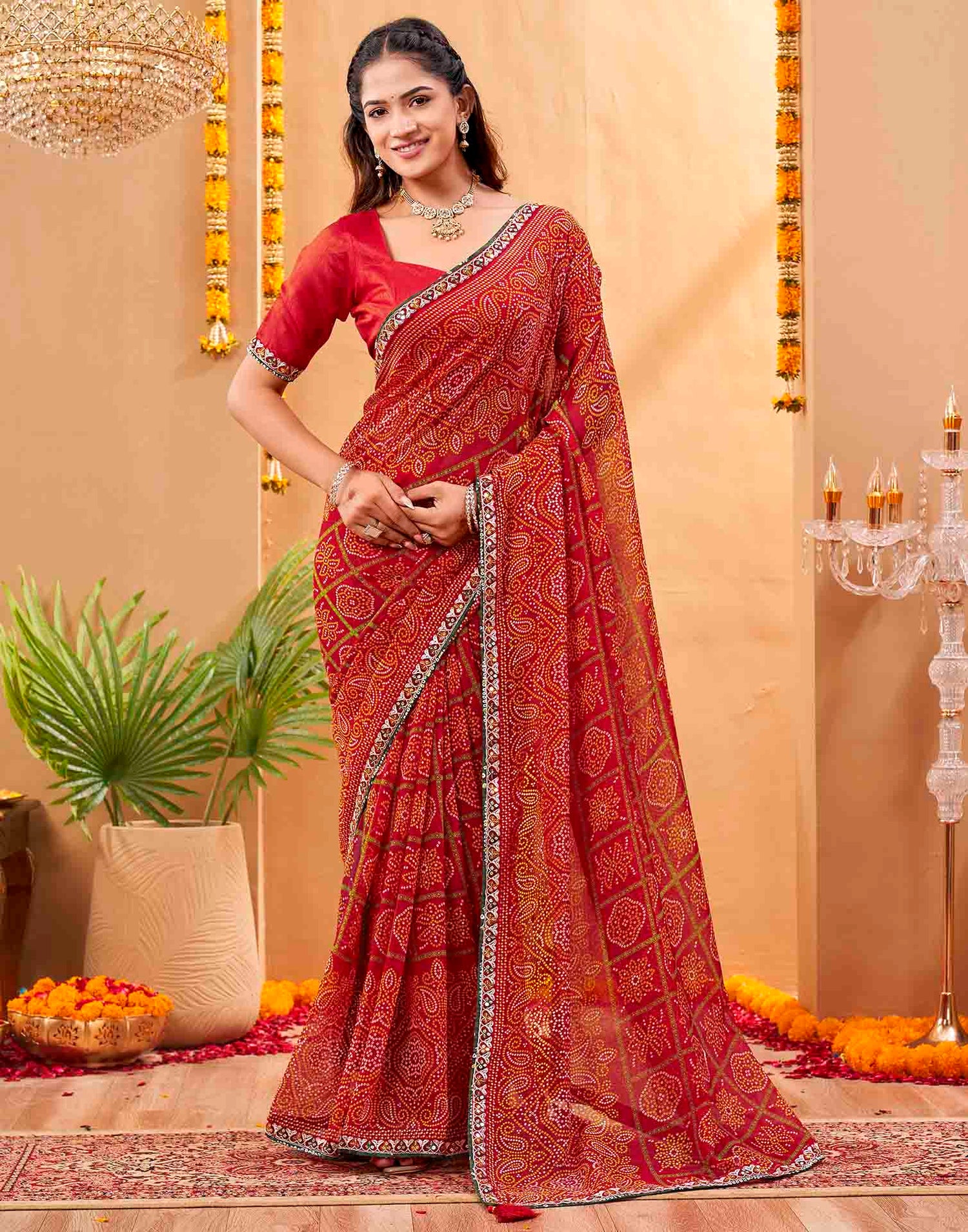 Red Georgette Printed Bandhani Saree