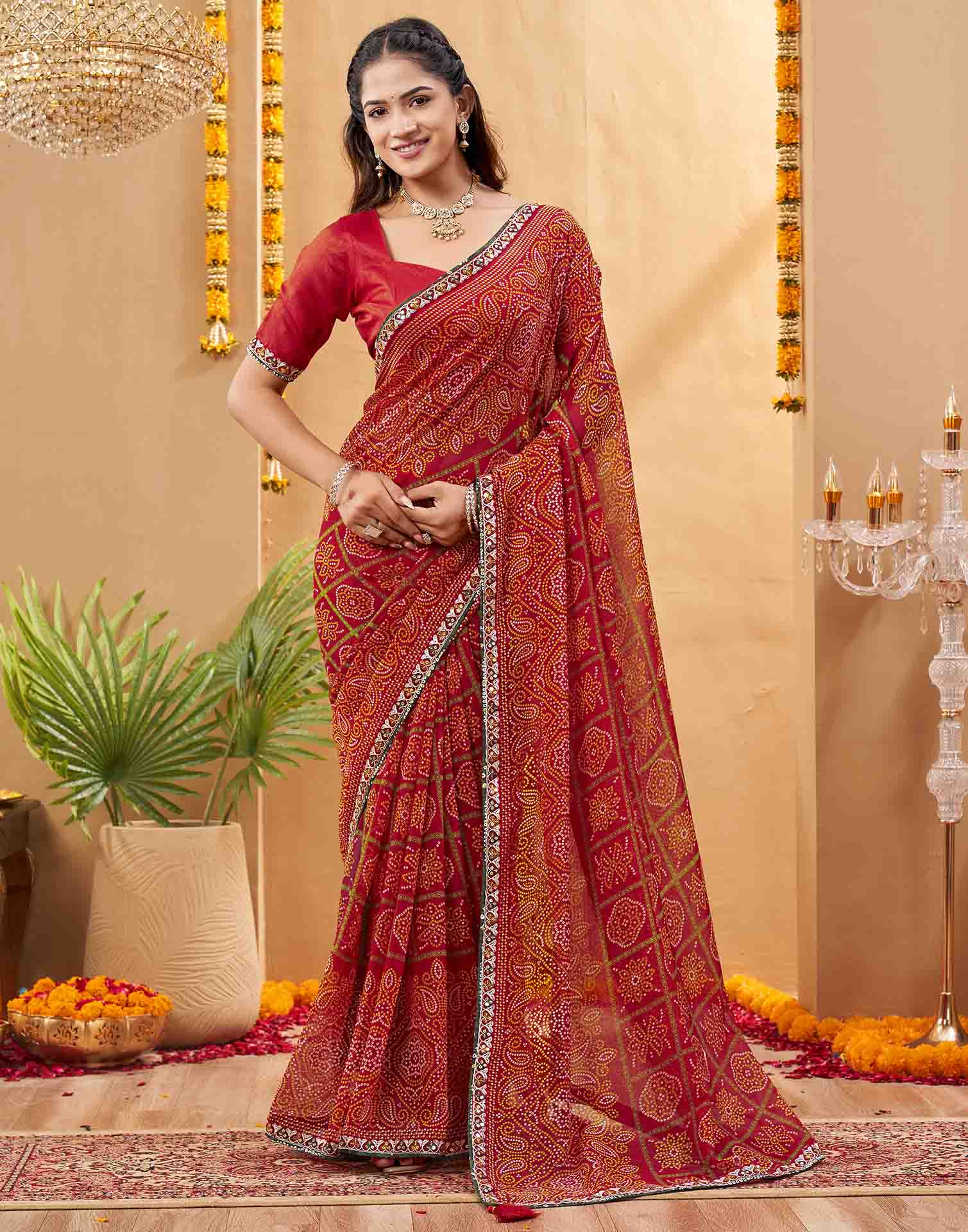 Red Georgette Printed Bandhani Saree