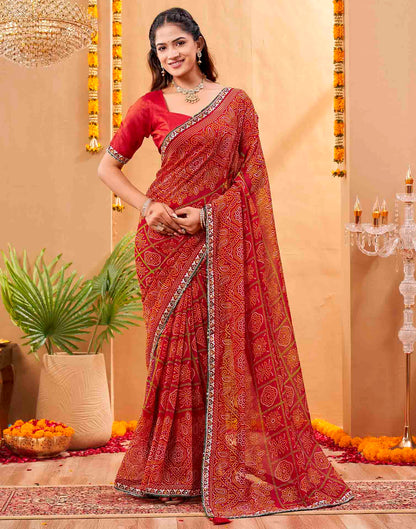 Red Georgette Printed Bandhani Saree