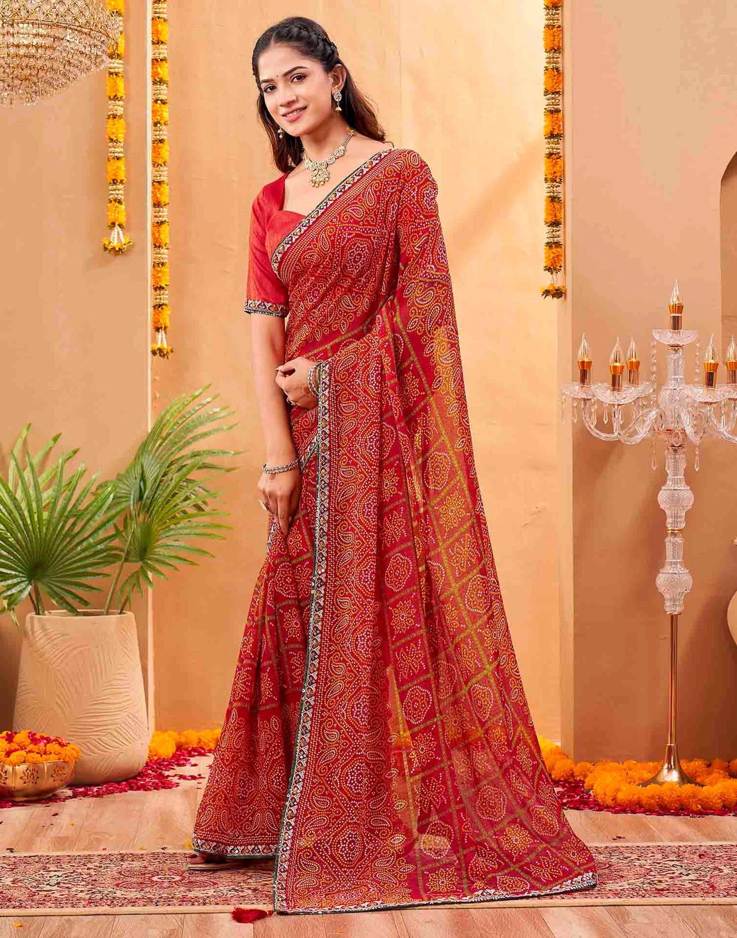 Red Georgette Printed Bandhani Saree