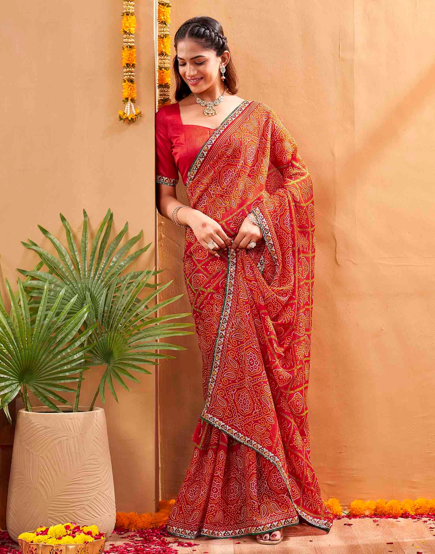 Red Georgette Printed Bandhani Saree