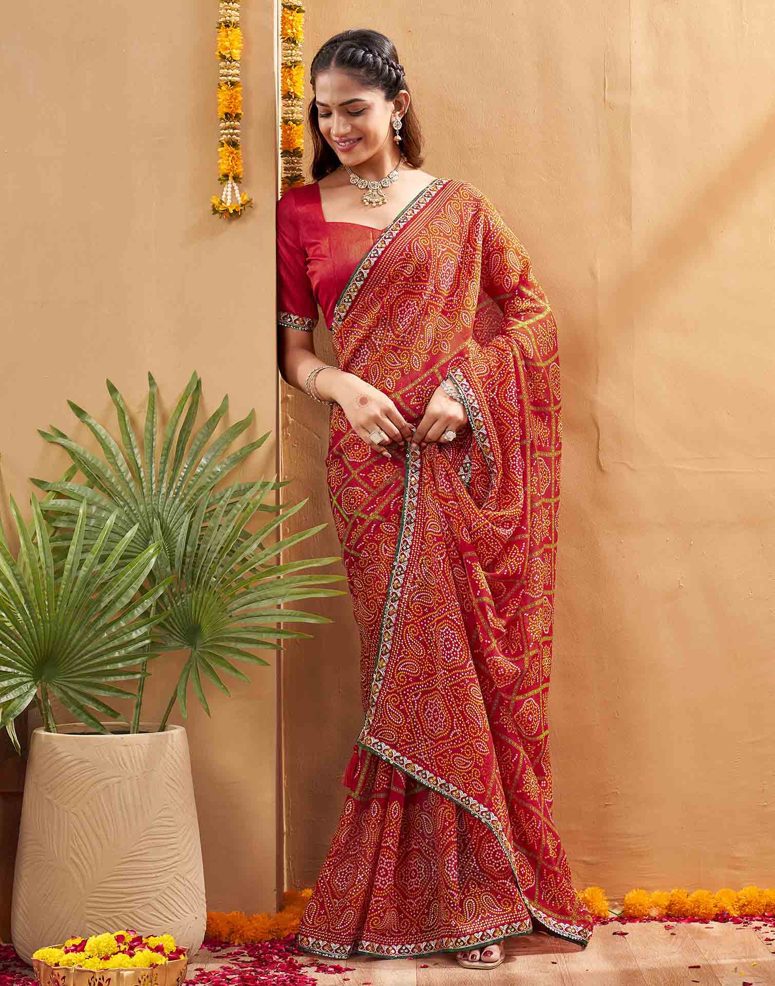 Red Georgette Printed Bandhani Saree