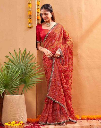 Red Georgette Printed Bandhani Saree