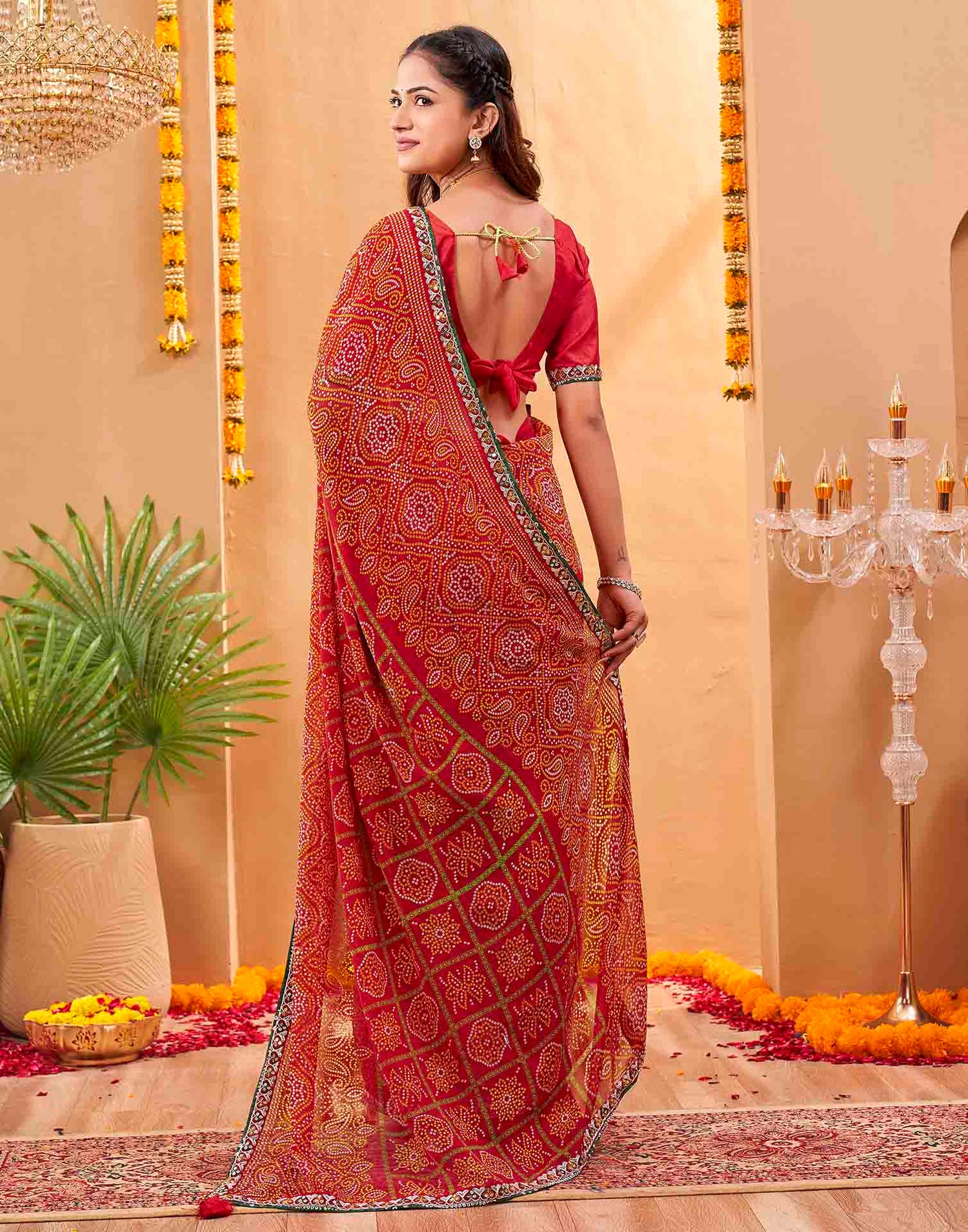 Red Georgette Printed Bandhani Saree